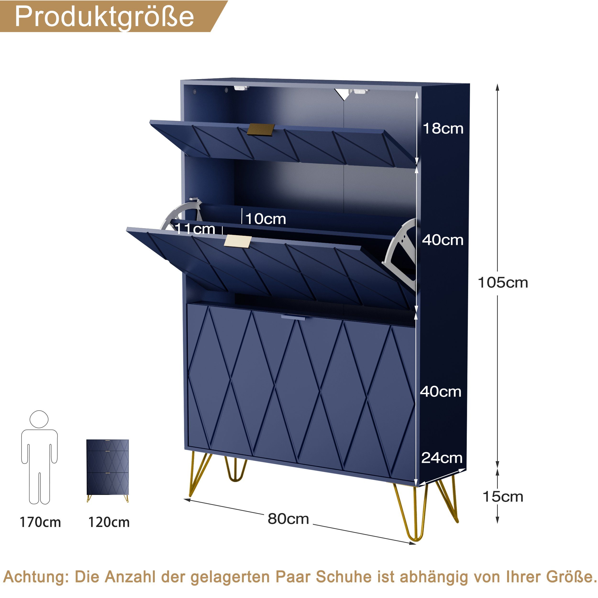 UEV Schuhschrank mit 2 Klappen Schuhregal Schuhkipper, Trennwände verstellbar (Schmal Schrank. Schuhkommode im Flur) B80 x T24 x H120 cm für 16 Paar Schuhe, Pla – Bild 5 von 5