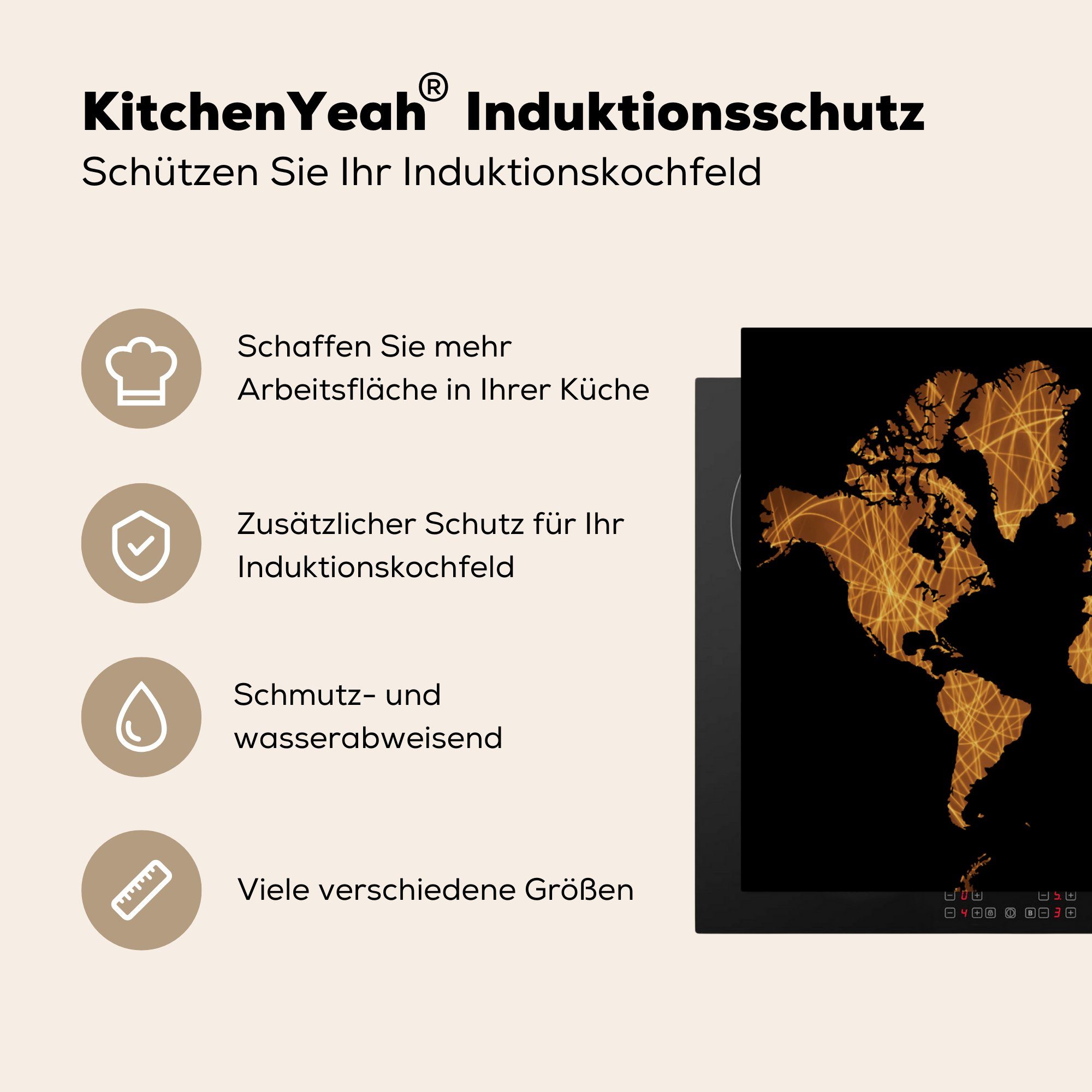 71x52 Induktionskochfeld Vinyl, Herdblende-/Abdeckplatte küche, Abstrakt Schutz die tlg), Ceranfeldabdeckung - cm, Braun, für - Weltkarte MuchoWow (1