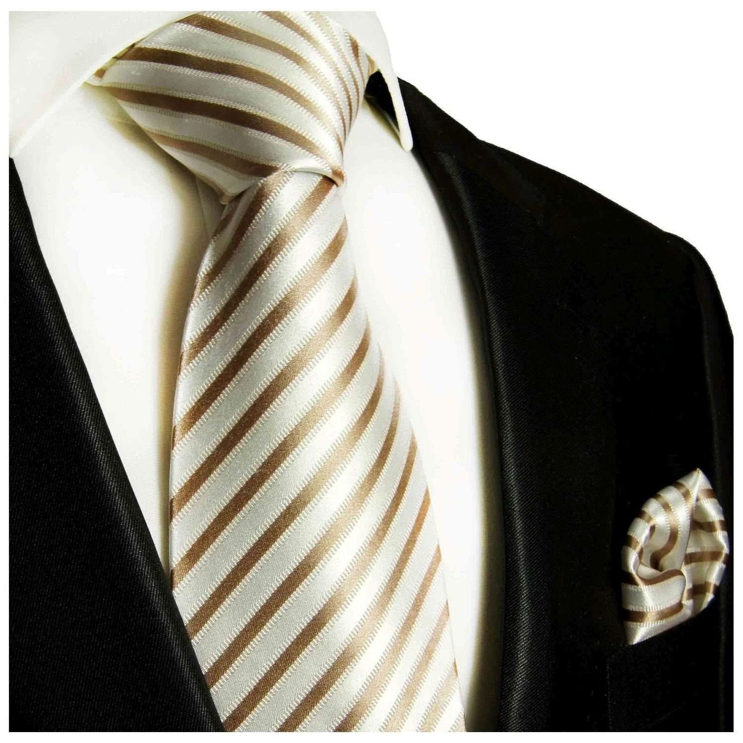 Paul Malone Krawatte Seidenkrawatte und Tuch Herren Schlips modern gestreift 100% Seide (Set, 2-St., Krawatte mit Einstecktuch) Schmal (6cm), cappuccino braun 694