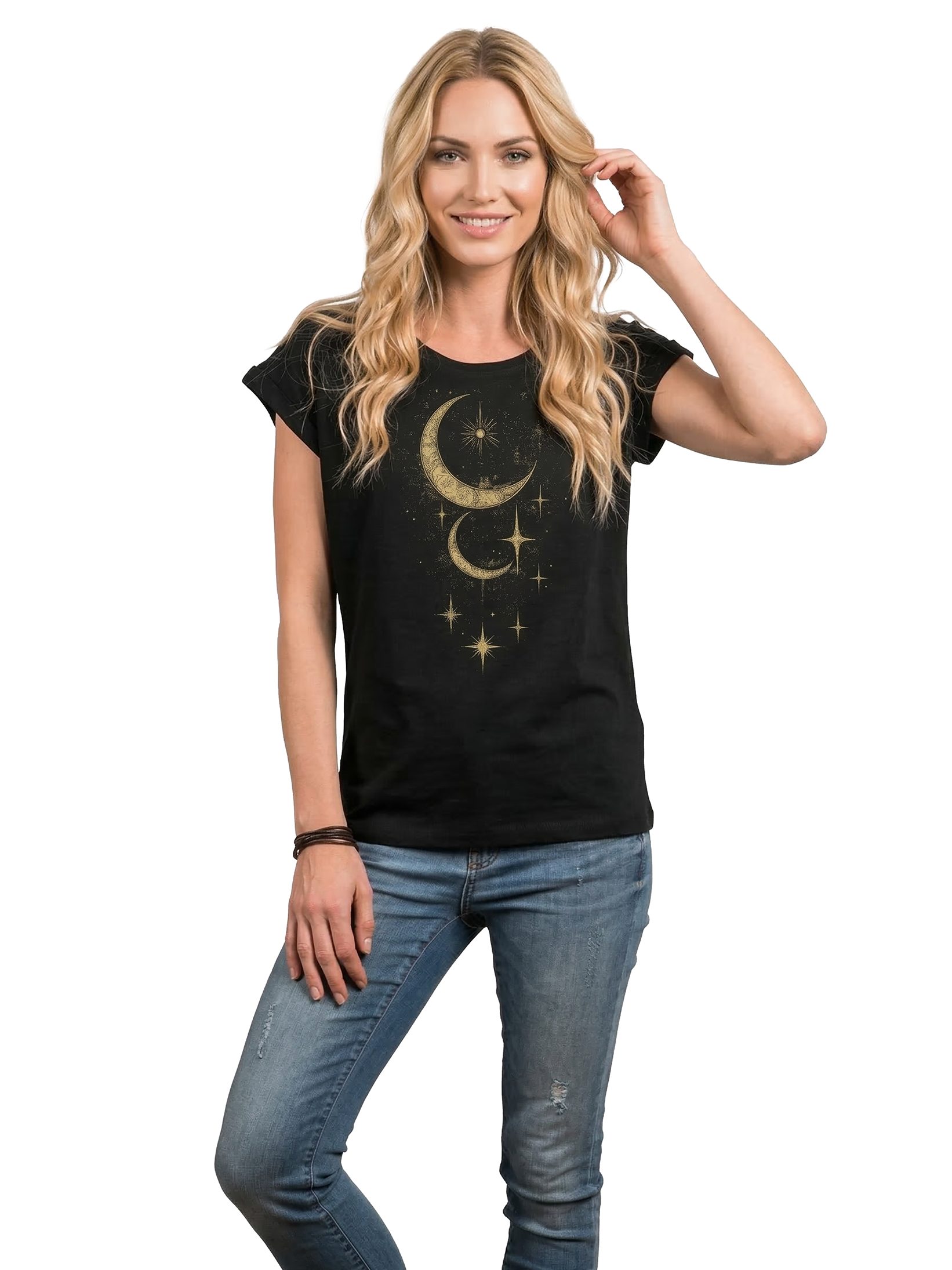 MAKAYA Kurzarmshirt Damen mit Aufdruck Sonne Mond & Sterne Print Esoterik Geschenk (Schwarz, Blau, Grau, 34, 36, 38, 40, 42, 44, 46, 48, 50) Baumwolle