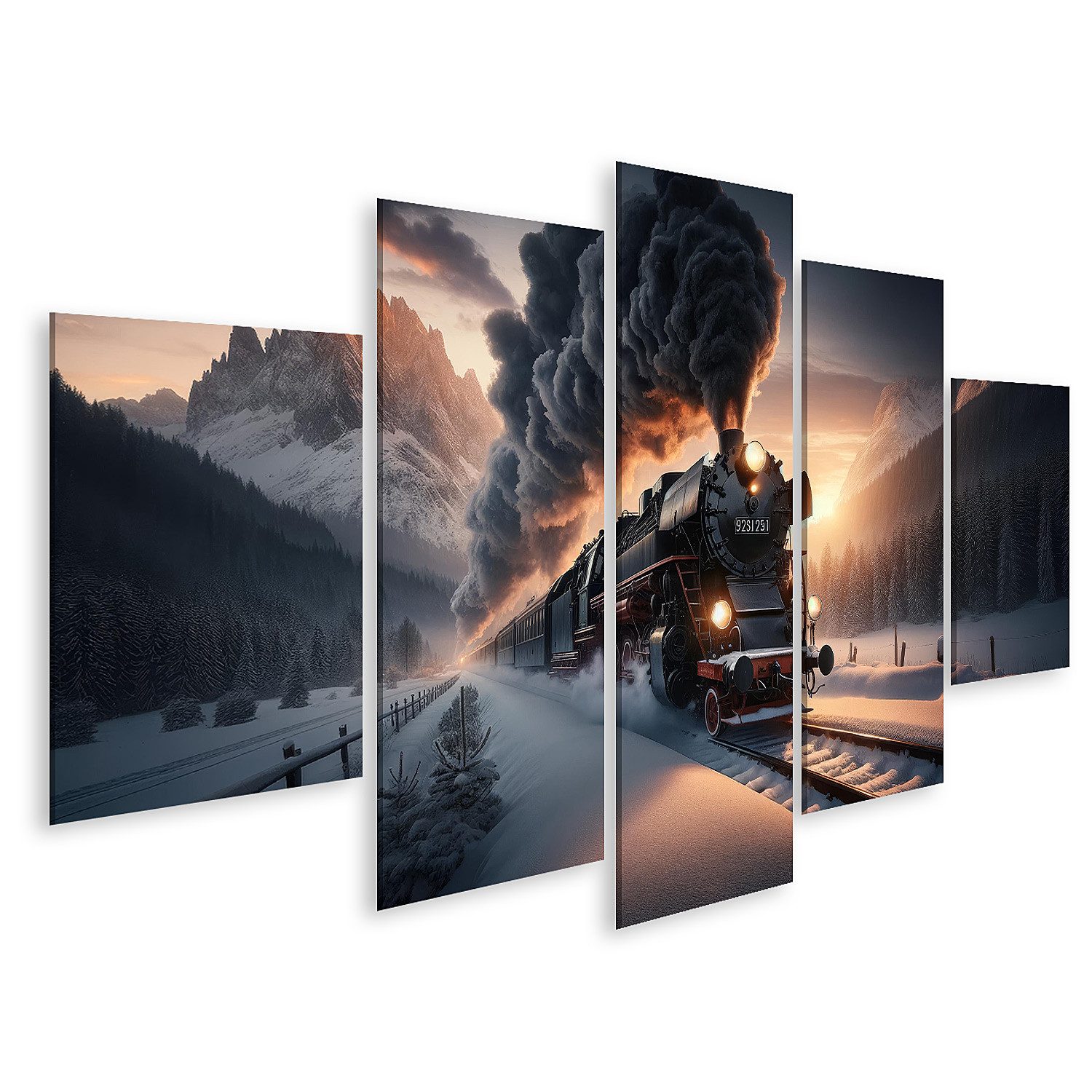Leinwandbild Schneegestöber und Dampfgeflüster Eisenbahn Romantik pur