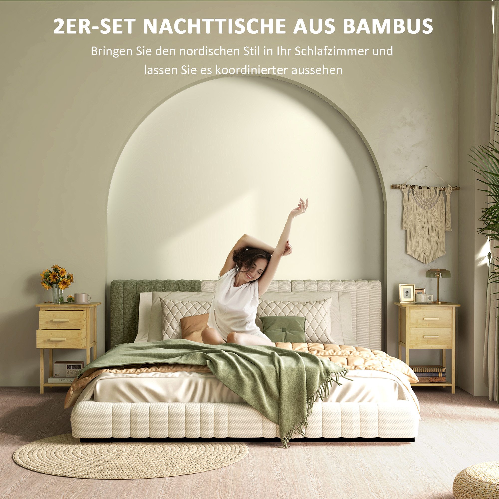 HOMCOM Nachttisch mit Schublade, Ablage, Griff (Nachtschrank, 2-St., Beistelltisch), für Schlafzimmer, Naturholz