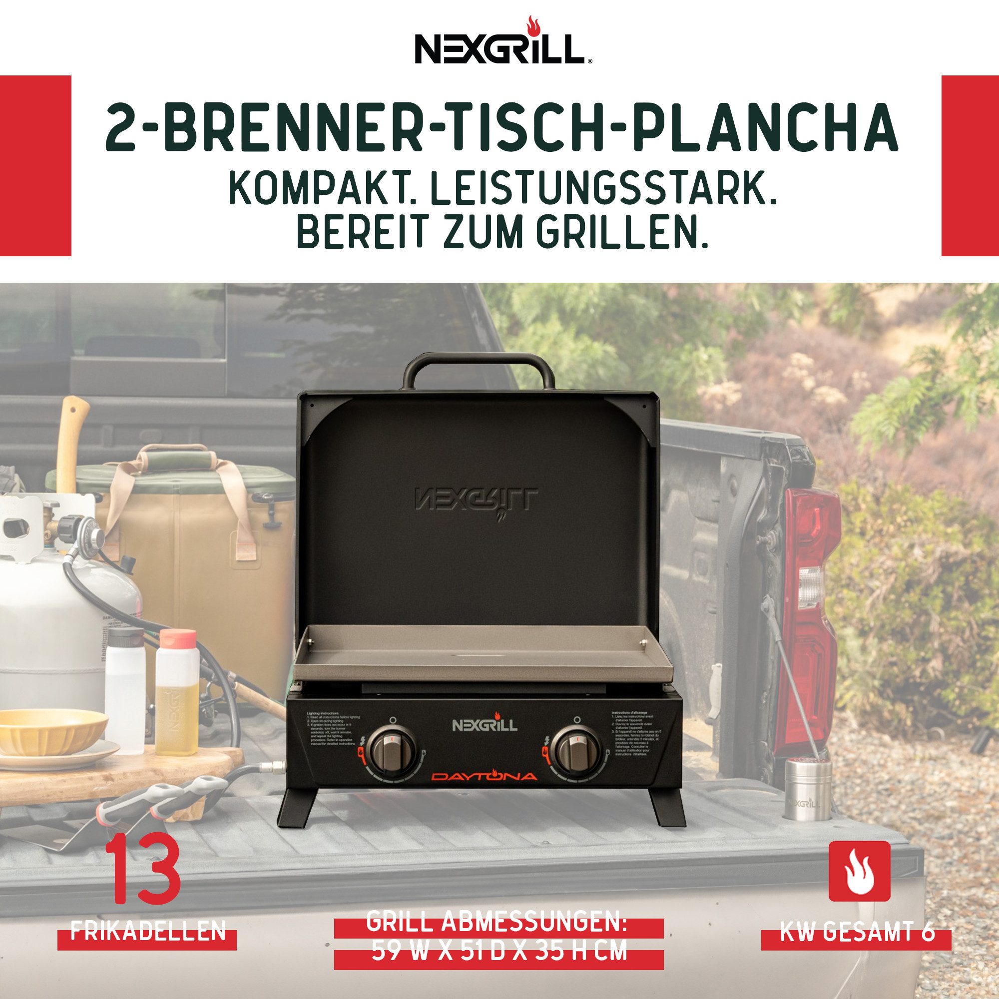 nexgrill Gasgrill Daytona 2B 2-Brenner Plancha, Tischgrill 5,9 kW, Tischplancha mit Deckel, Grillplatte Keramikbeschichtet