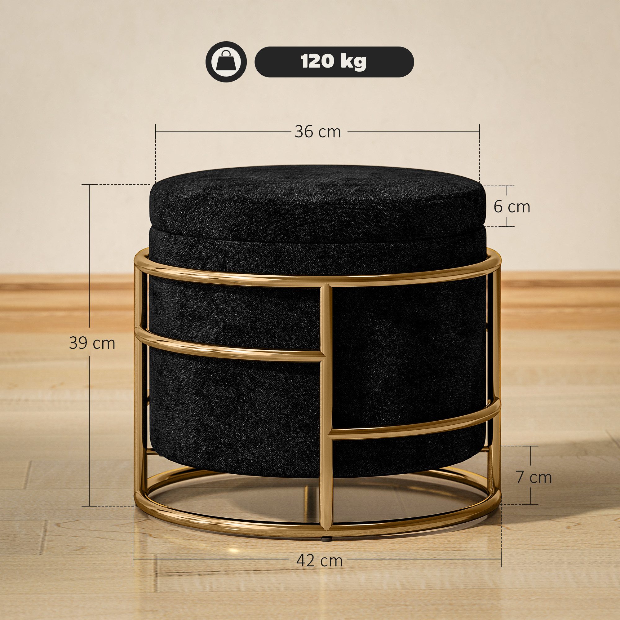 HOMCOM Sitzhocker mit Stauraum, Kleiner Hocker mit Deckel (Fußhocker, 1 St., Polsterhocker mit Stahrahmen), für Wohnzimmer Schlafzimmer, 42 x 42 x 39 cm, Schwarz