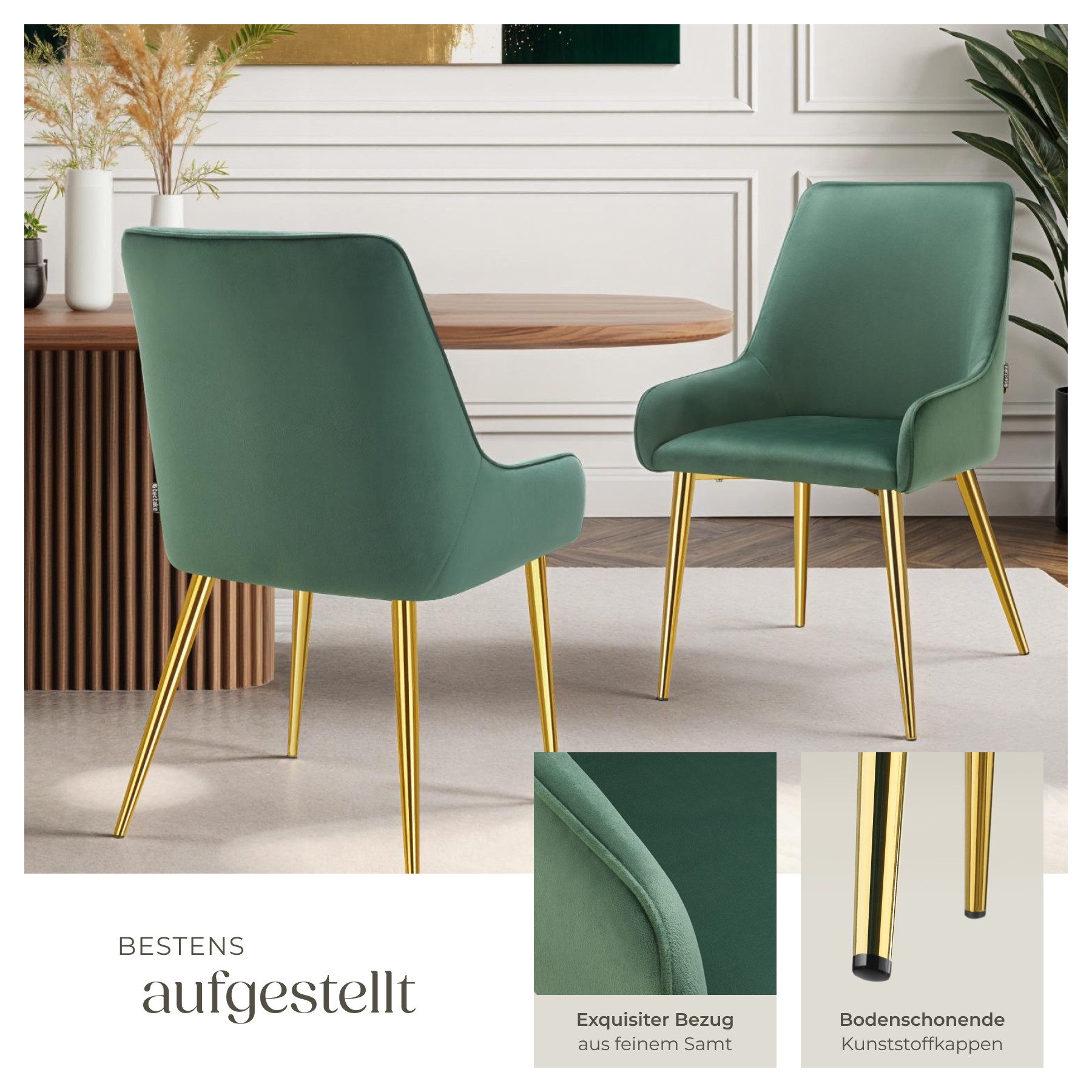 tectake Esszimmerstuhl Polsterstuhl Avane, Samtoptik, Belastbarkeit 120 kg (Set, 2 St), Ergonomische Formgebung der Rückenlehne