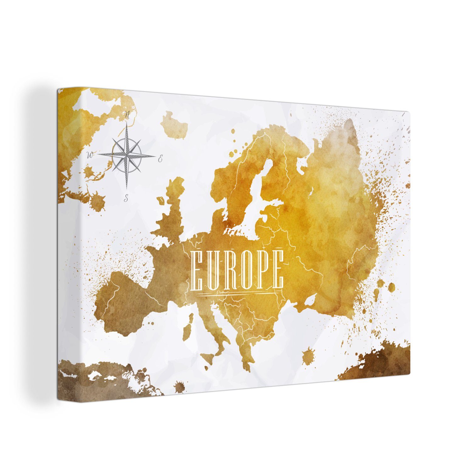 Wandbild 30x20 Weltkarten Wanddeko, - St), - Europa Leinwandbild OneMillionCanvasses® Leinwandbilder, (1 Aufhängefertig, cm Gold,