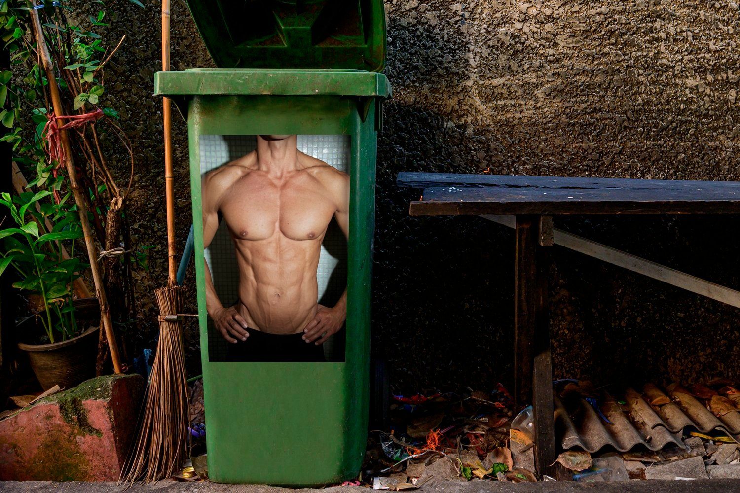 Mülleimer-aufkleber, Mannes Container, eines Der Wandsticker Abfalbehälter St), MuchoWow Sticker, Mülltonne, Torso (1