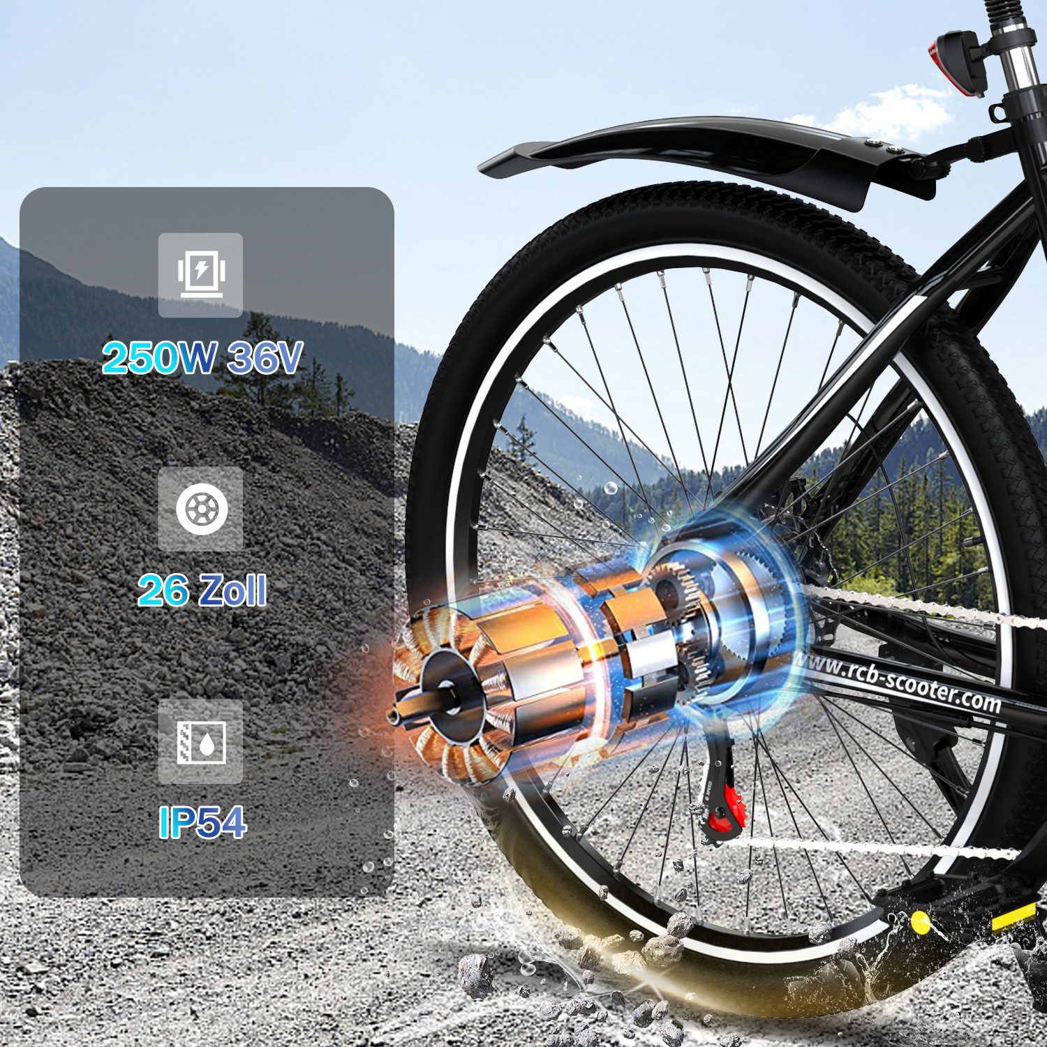 RCB E-Bike RK15, APP, 26 Zoll Pedelec, 10,4 Ah Lithium-Akku, Reichweite 30-50 km, 7 Gang, Kettenschaltung, 250W Heckmotor, 374,4 Wh