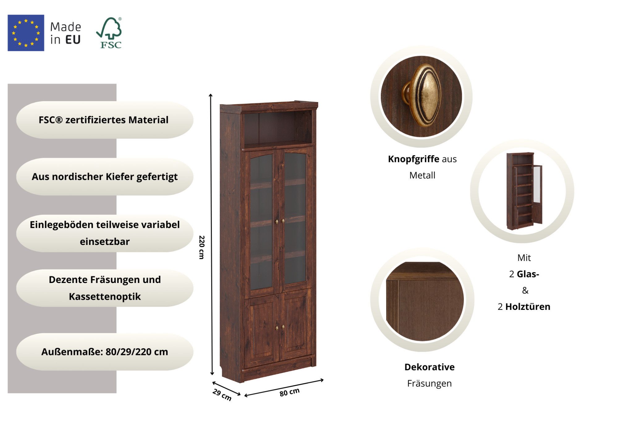 OTTO home Vitrine Soeren Regal mit 2 Glastüren und 2 Holztüren, B/TH: 80/29/220 cm Kiefer FSC®-zertifiziert, 1 offenes Fach, 6 Fächer hinter den Türen
