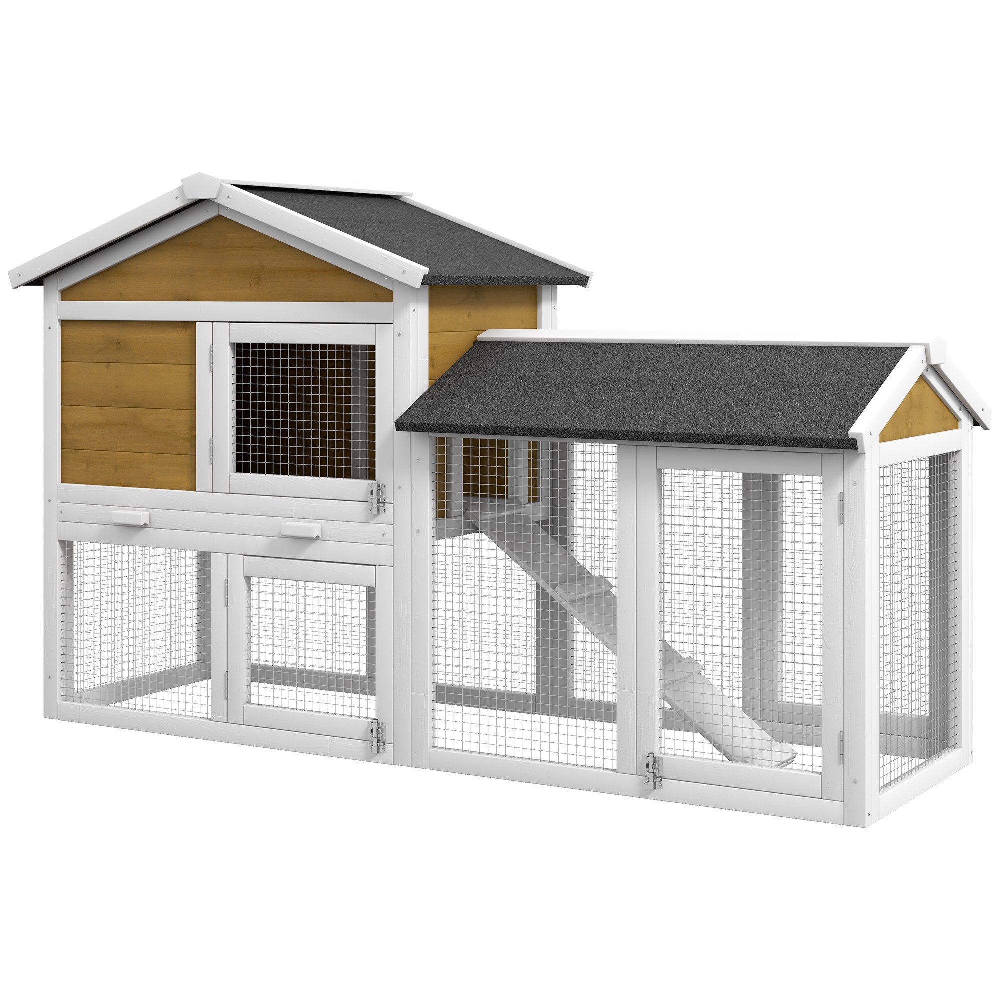 PawHut Kleintierstall Kaninchenstall aus Holz mit Bitumendach Freilaufgehege Rampe Türen, für Zwergkaninchen Meerschweinchen Outdoor 147x54x84 cm Gelb