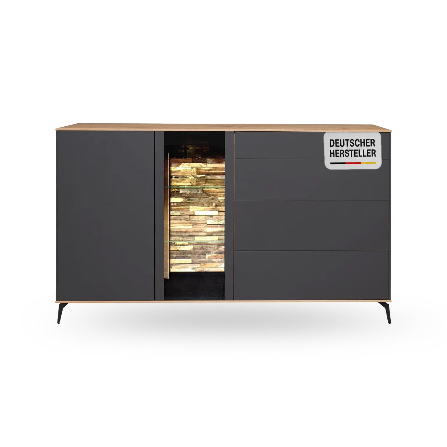 Storado Sideboard Faro 159–169×103×42cm, Sideboard mit Metallfüßen, Farbe wählbar, LED-Beleuchtung, Push-to-open und gedämpfte Türen