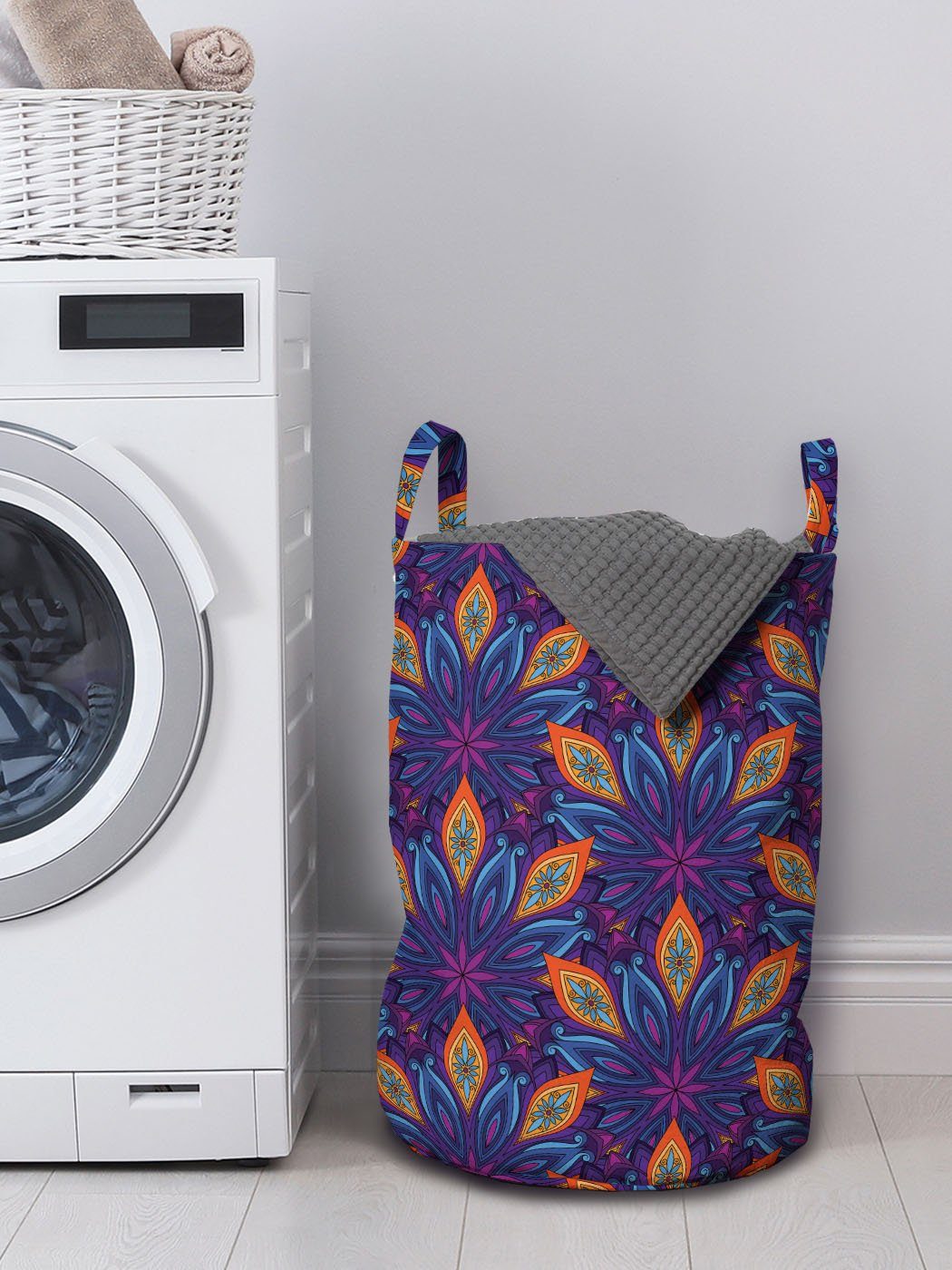 Wäschesäckchen mit Waschsalons, Verziert Kordelzugverschluss Abakuhaus Leuchtende für Griffen Blumen Wäschekorb Mandala