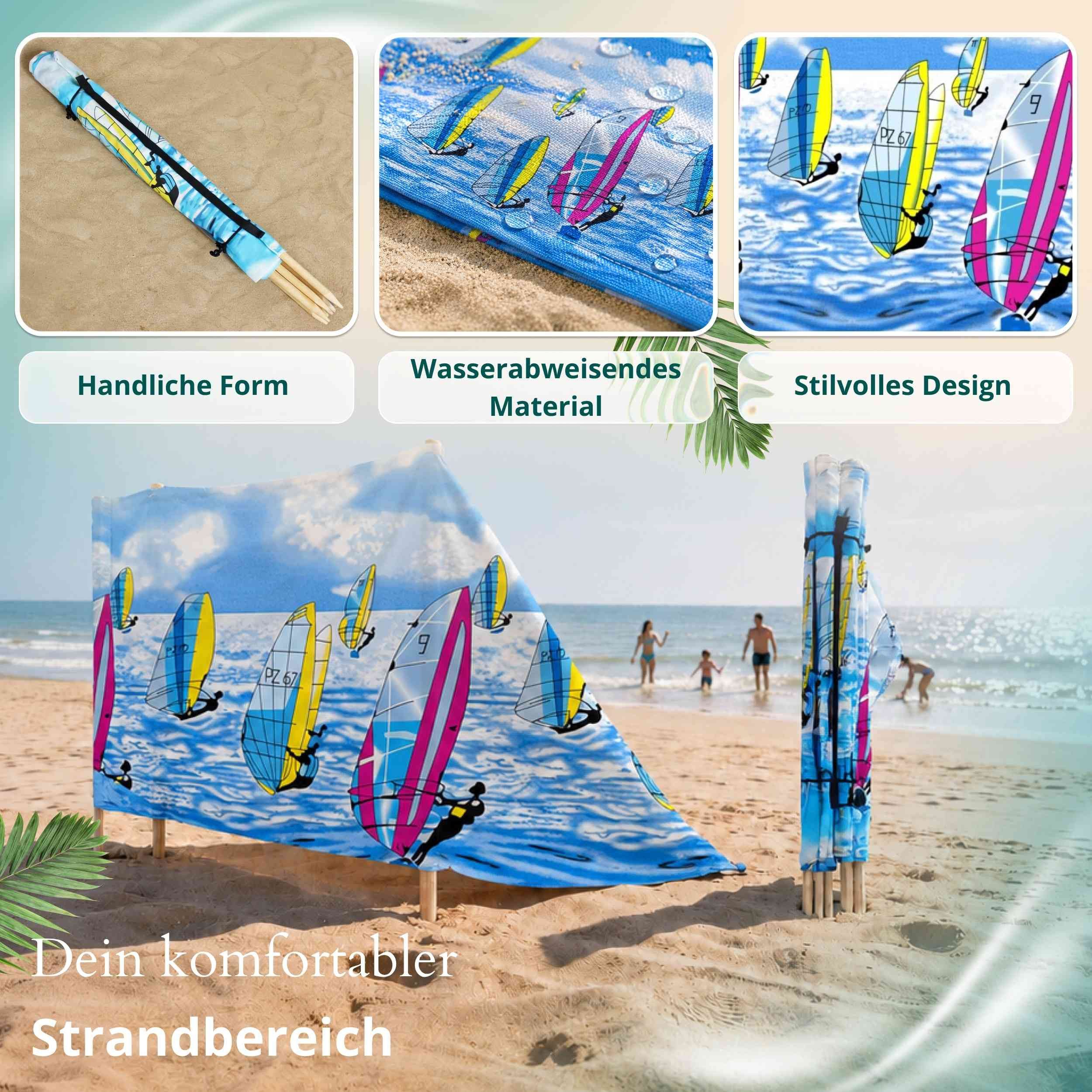 Lantigo Windschutz Sichtschutz Sonnenschutz Strandparavent aus Mikrofaser – portabel, (Surfing, Länge: 4 m), - Faltbarer Sonnenschutz für Strand, Camping & Garten