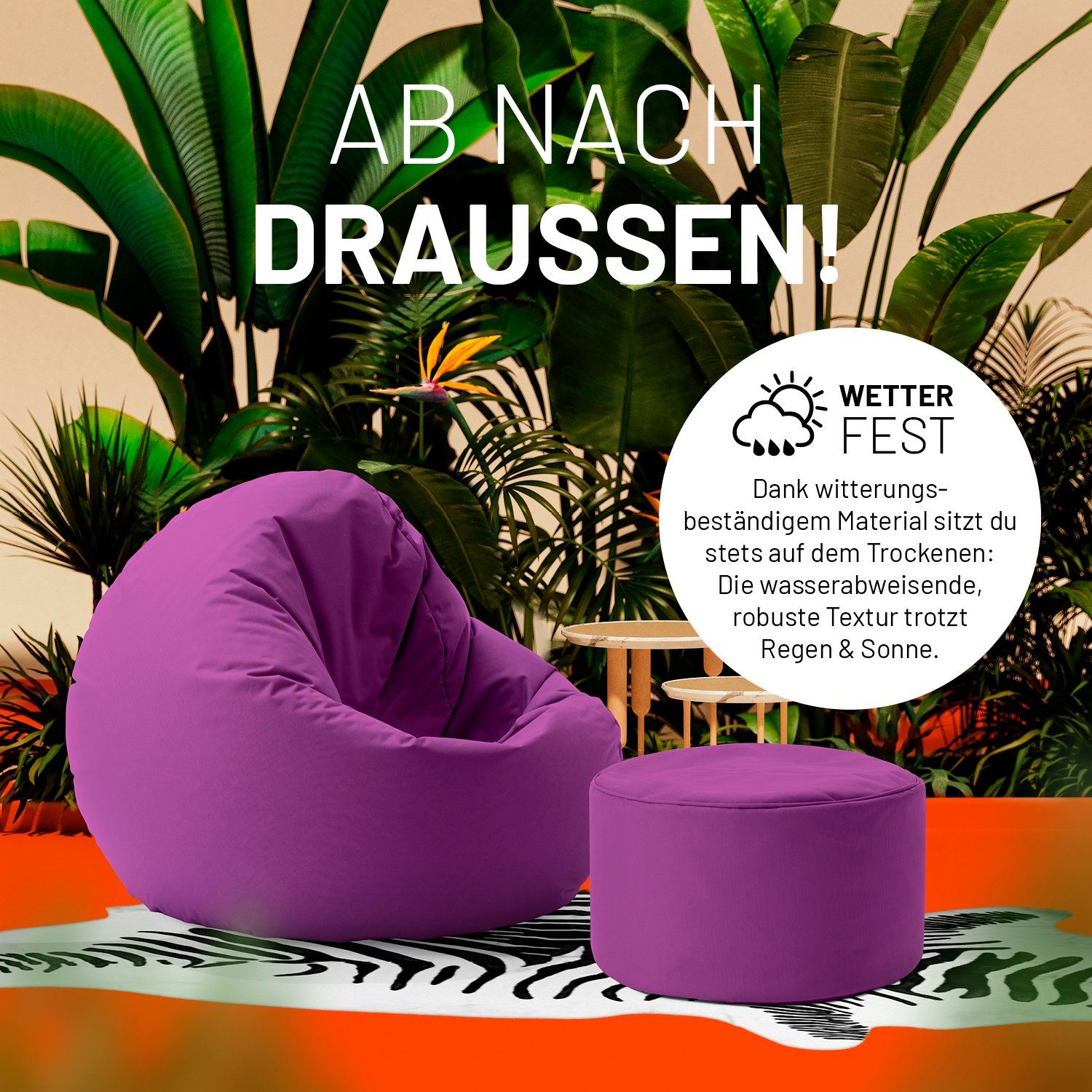 kompakt & 5 & 50L Pouf in- Outdoor, Tisch, 25x45cm Hocker, Lumaland Jahre Sitzsack Fußsack lila Garantie