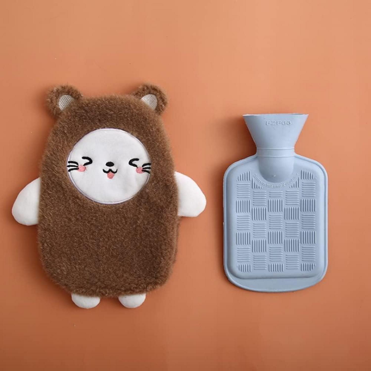 ROIMOE Wärmflasche Wärmflasche Abnehmbarer Bezug 0.5L Kinder Naturkautschuk Katze Braun