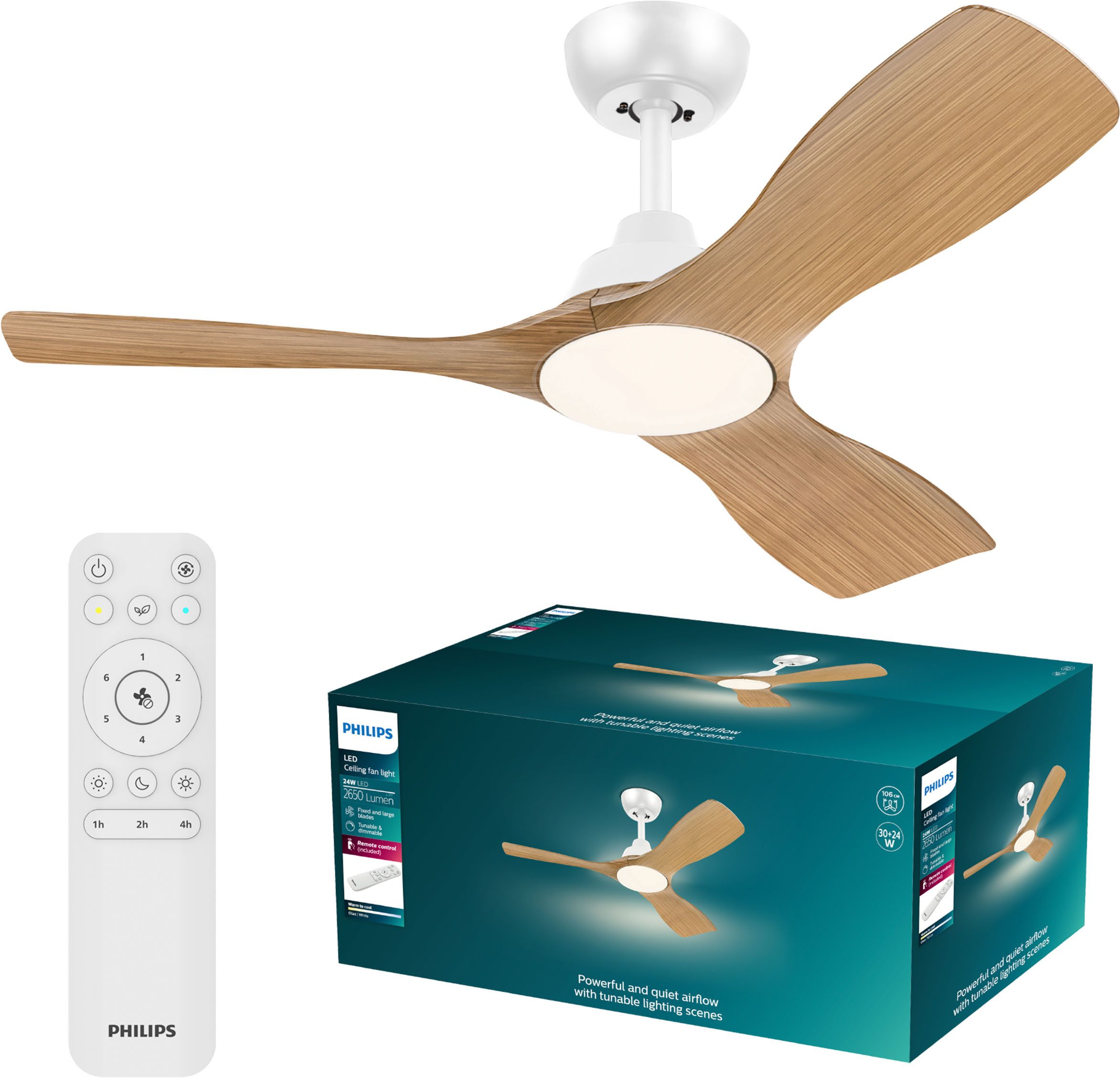 Philips LED Deckenleuchte Olas 24W DC-Ventilator 30W, fixe Rotorblätter, ⌀ 106cm, schwarz-braun, CCT - über Fernbedienung, Dimmer, Dimmfunktion, Ein-/Ausschalter, Farbsteuerung, Fernbedienung, Infrarot inkl., Memoryfunktion, Ventilatorfunktion, dimmbar üb
