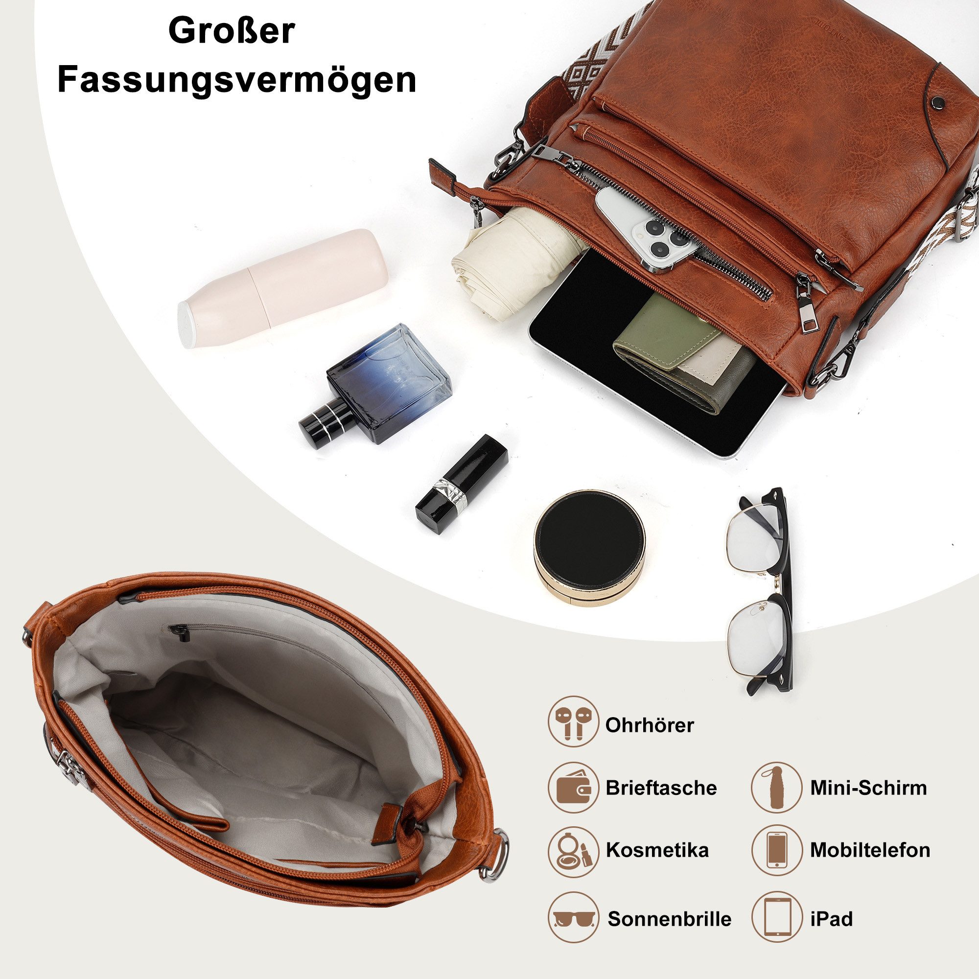 TAN.TOMI Umhängetasche Damen Mittelgroß Schultertasche Mehrere Taschen Crossbody Bag, Mit Verstellbarem Gurt für Schule Arbeit Reisen Ausflug Einkauf – Bild 5 von 5