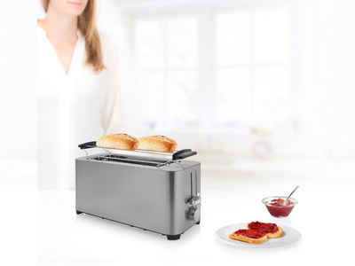 PRINCESS Toaster, 2 lange Schlitze, 1400 W, 4 Scheiben Edelstahl Toastmaschine Toster schmal mit Brötchenaufsatz