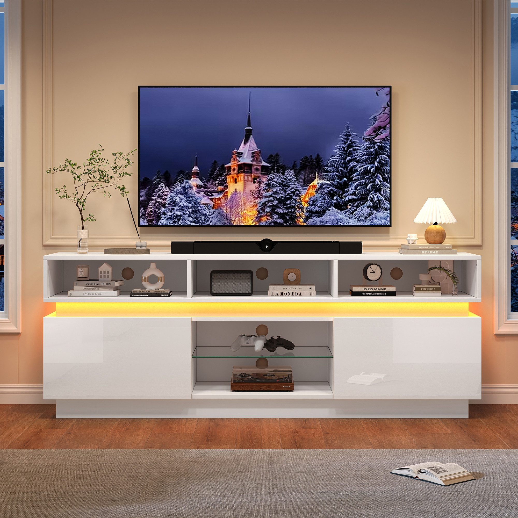 Merax Lowboard hochglanz TV-Schrank mit LED Beleuchtung (1 St), Wohnzimmerschrank mit Glasablage, 10 Fächern & 2 Türen, 160x35x60cm