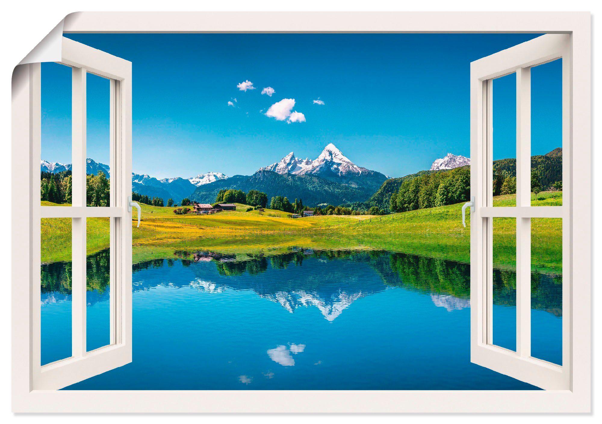 Wandbild (1 Alubild, Berge in Bergsee, Alpen Wandaufkleber versch. oder St), Größen als Poster Fensterblick Artland Leinwandbild, und