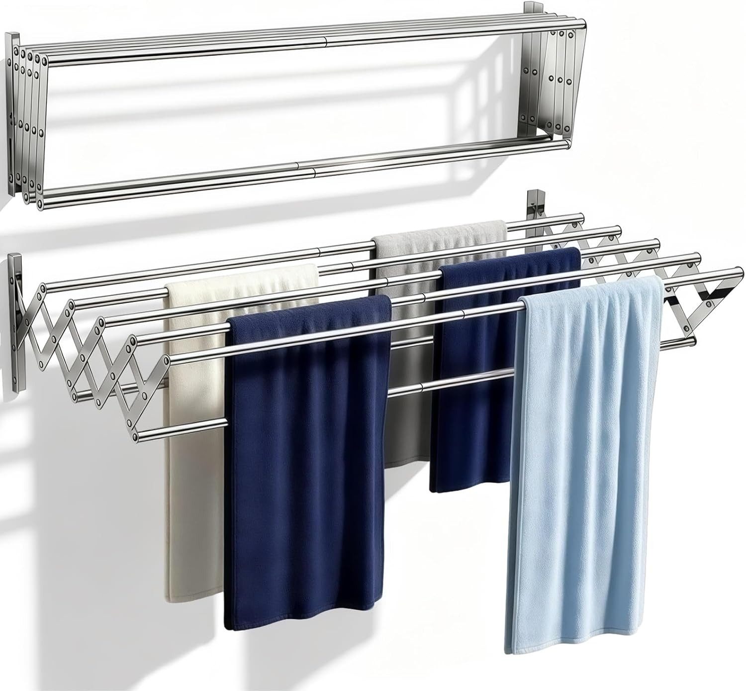 TUWENA Wandwäschetrockner Wäscheständer Wandmontage, Wandtrockner Ausziehbar mit 7 Stangen, zusammenklappbarer Edelstahl-Handtuchhalter für Innen & Außenbereich