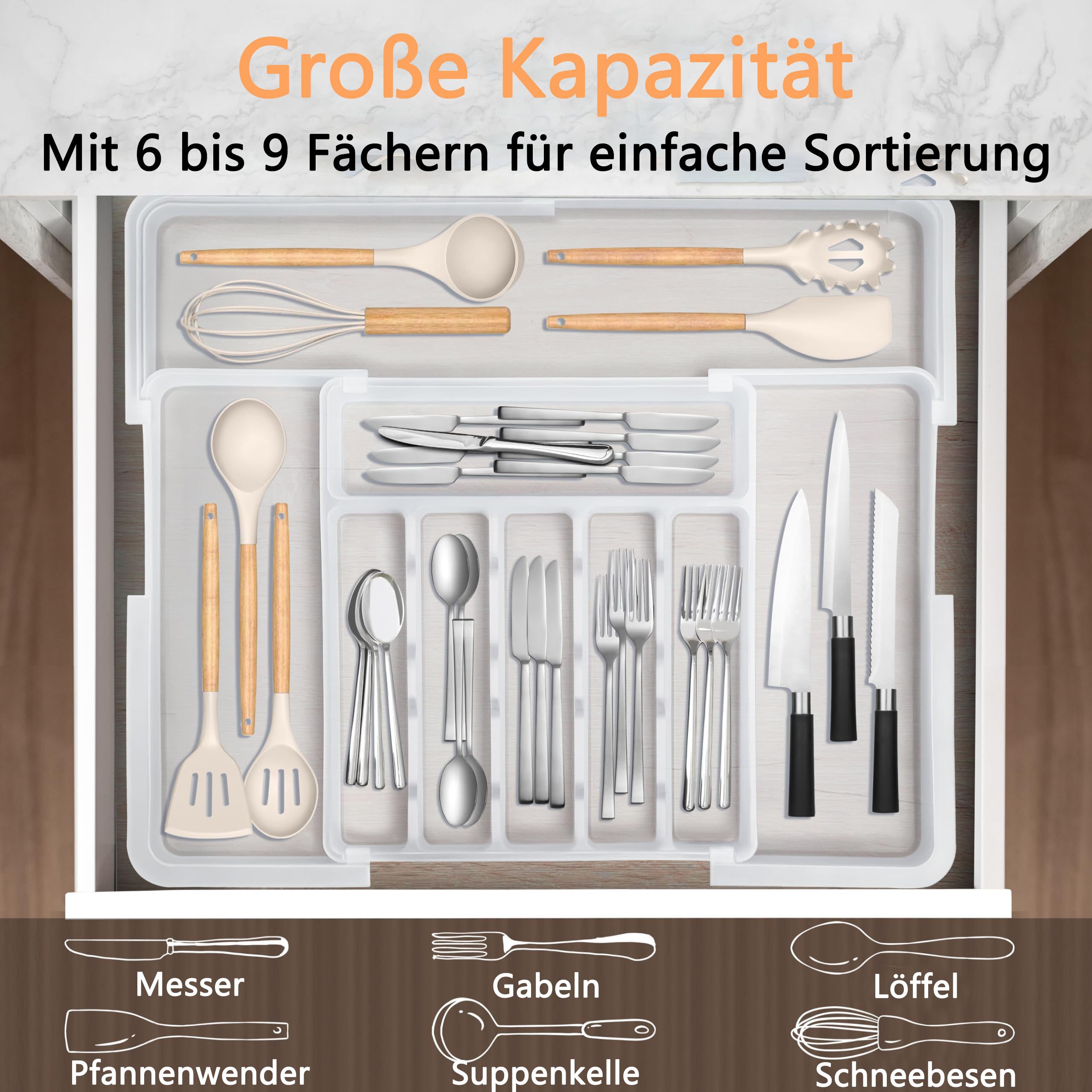 FOUORTUNATE-BEE Besteckhalter Erweiterbar Besteckkasten für Schubladen, (Abnehmbar Besteckeinsatz für Schubladen, Praktischer Schubladeneinsatz, Erweiterbar Sch – Bild 4 von 5