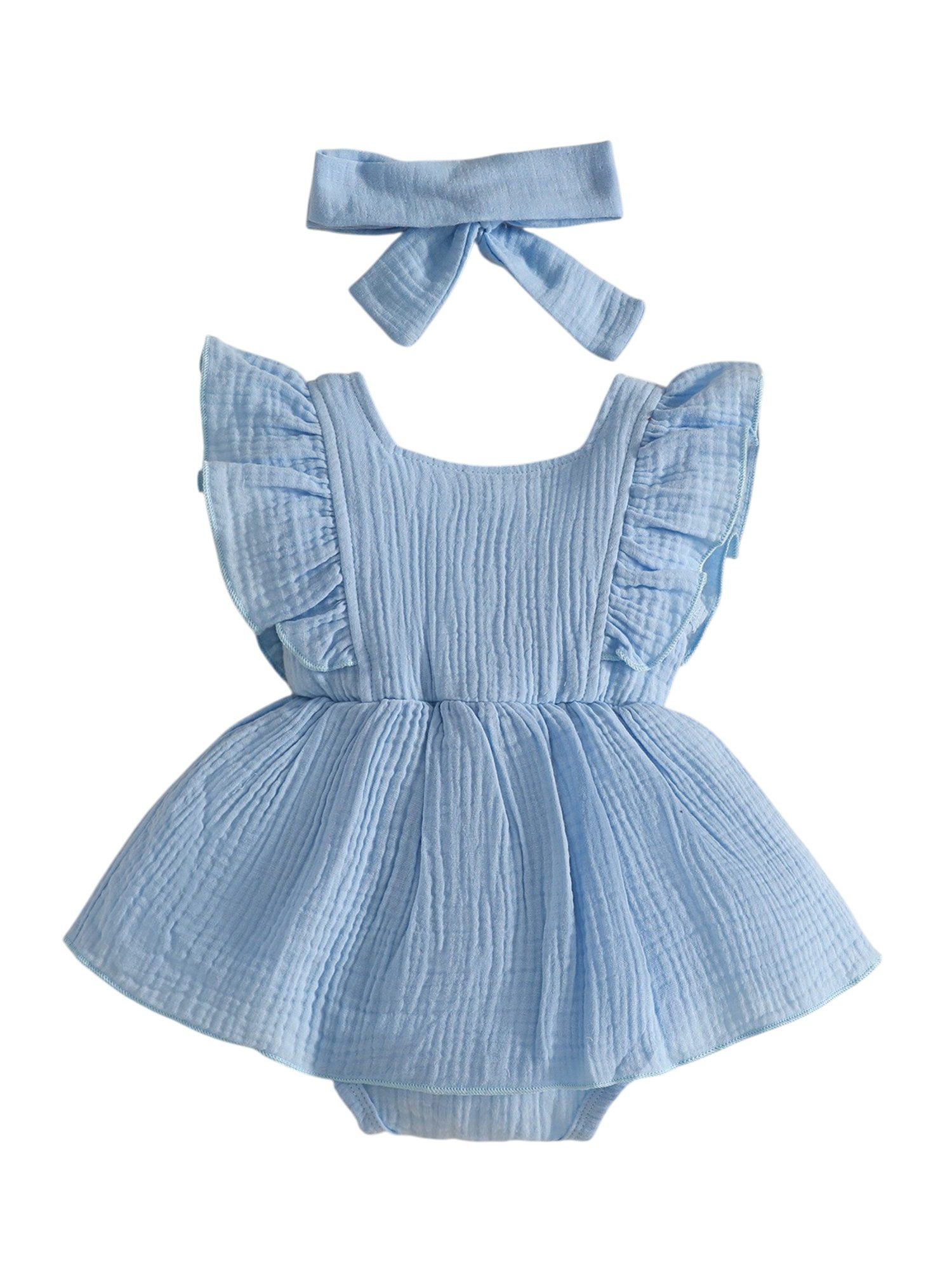 Lapastyle Strampler Babykleidung für Mädchen, ärmelloser strampler mit Rüschen, Stirnband (Set, 2-tlg) Lässige Sommerkleidung in Unifarben, Krabbelkleidung für Neugeborene