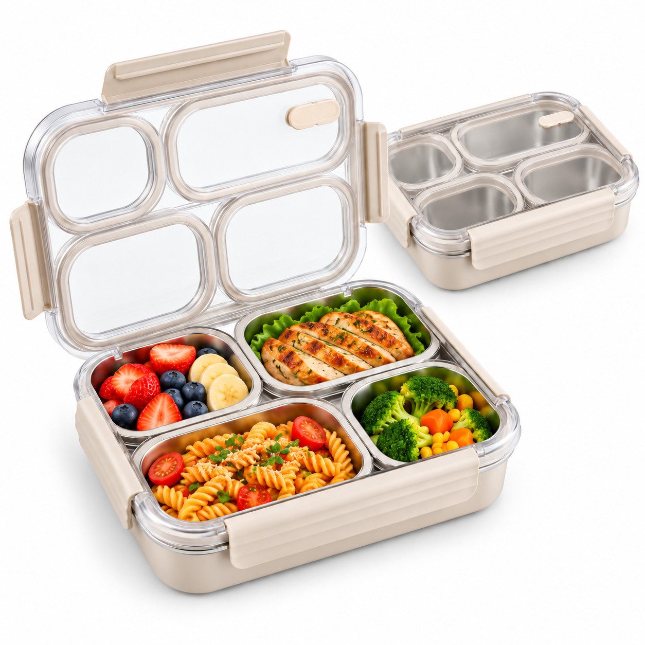 Diwzbyn Lunchbox Bento Lunchbox aus 304 Edelstahl, 4 Fächer, Auslaufsicher, Mit Transparentem Deckel, BPA-frei & Mikrowellengeeignet