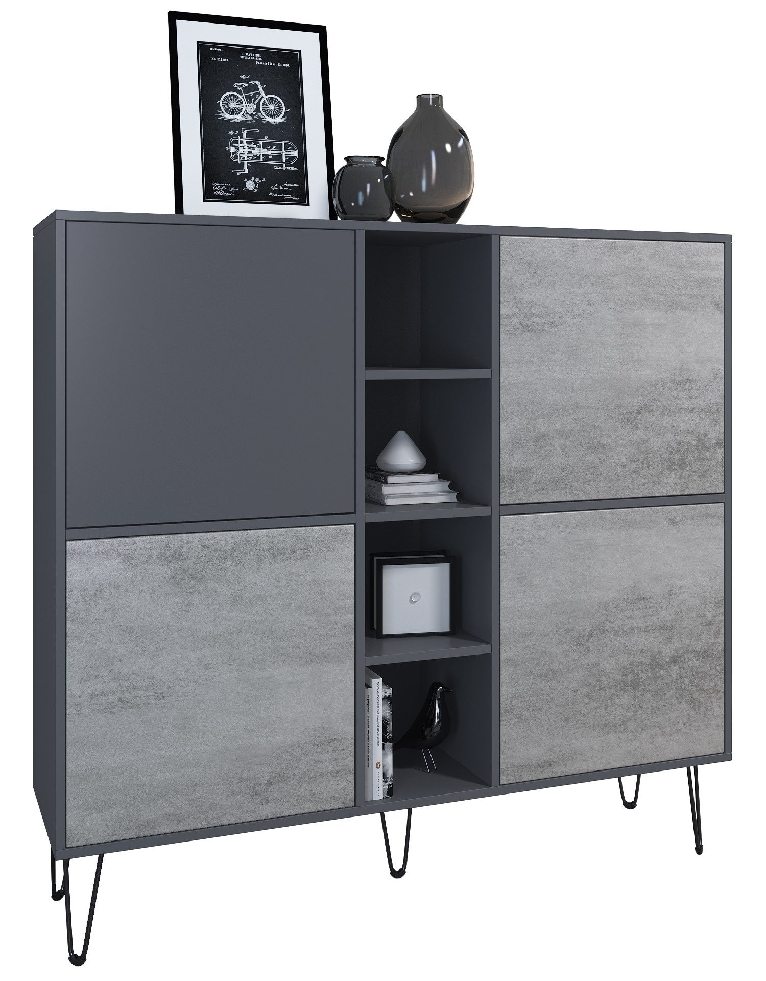 Vladon Highboard Havana V3 (Sideboard mit 4 Türen und 4 offene Fächer, Kommode Made in Germany), Anthrazit matt / Beton Oxid Optik (130,5 x 124 x 35 cm)