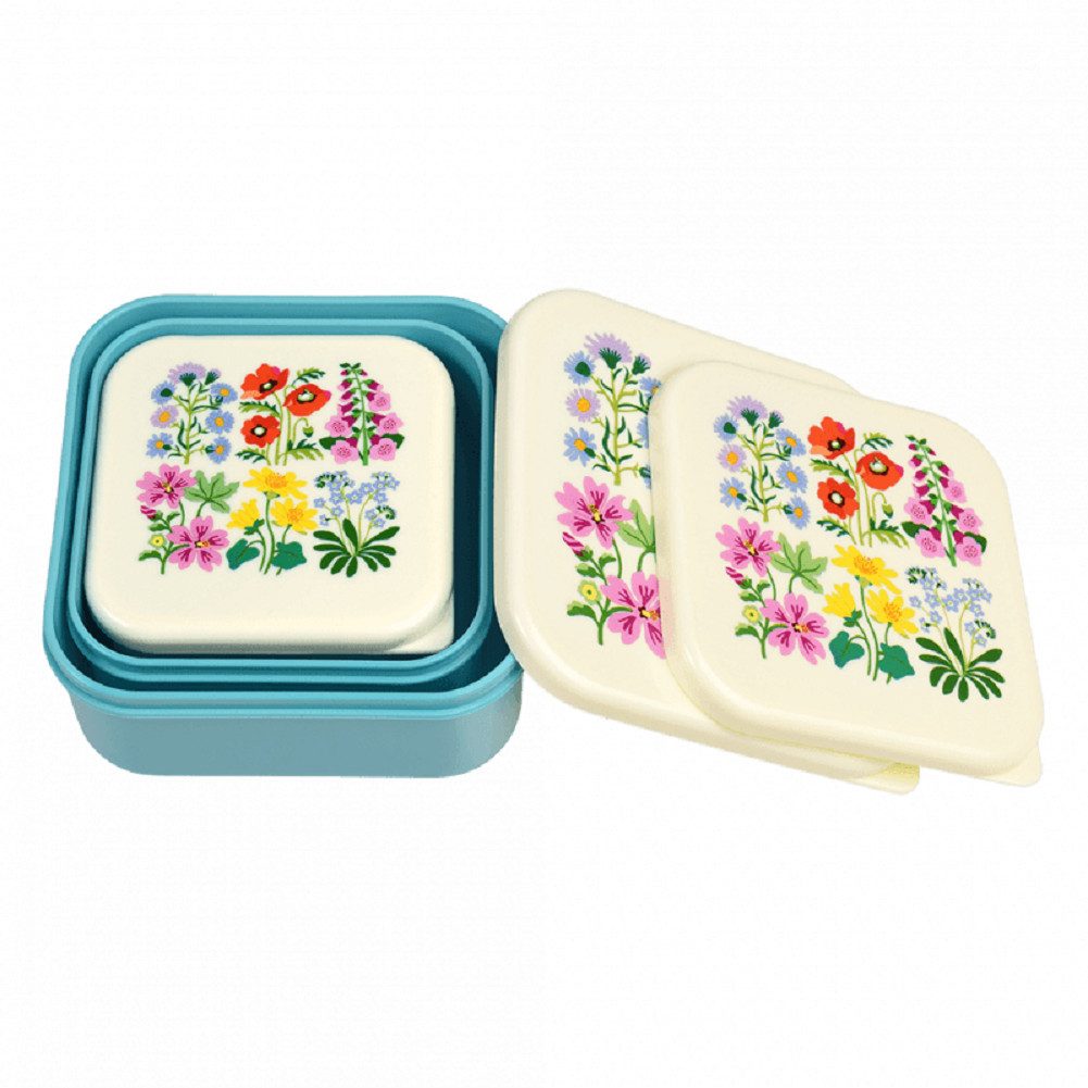 Rex London Lunchbox Snack Box 3er Set Wild Flowers, Kunststoff, BPA-frei, (Set, 3-tlg., ca. 11,5 x 11,5 x 5,5 cm (große Box), jede Box mit Wildblumen Motiv, passt genau in den größeren Behälter