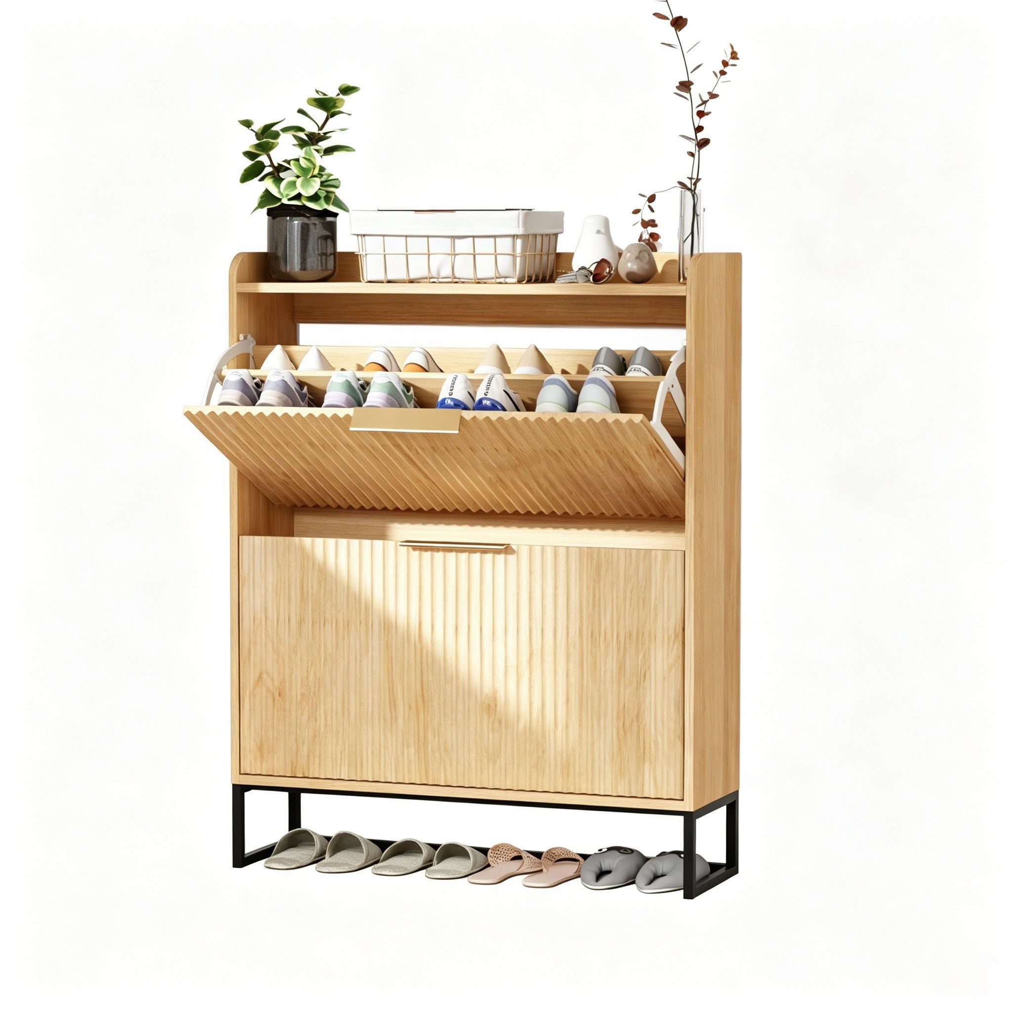VINGLI Schuhschrank mit 2 Klappen, Schuhkipper mit geriffelte Türen, 80x24x101.3cm verstellbare & herausnehmbare Trennwände, Kippschutz, Eiche/Nussbaum