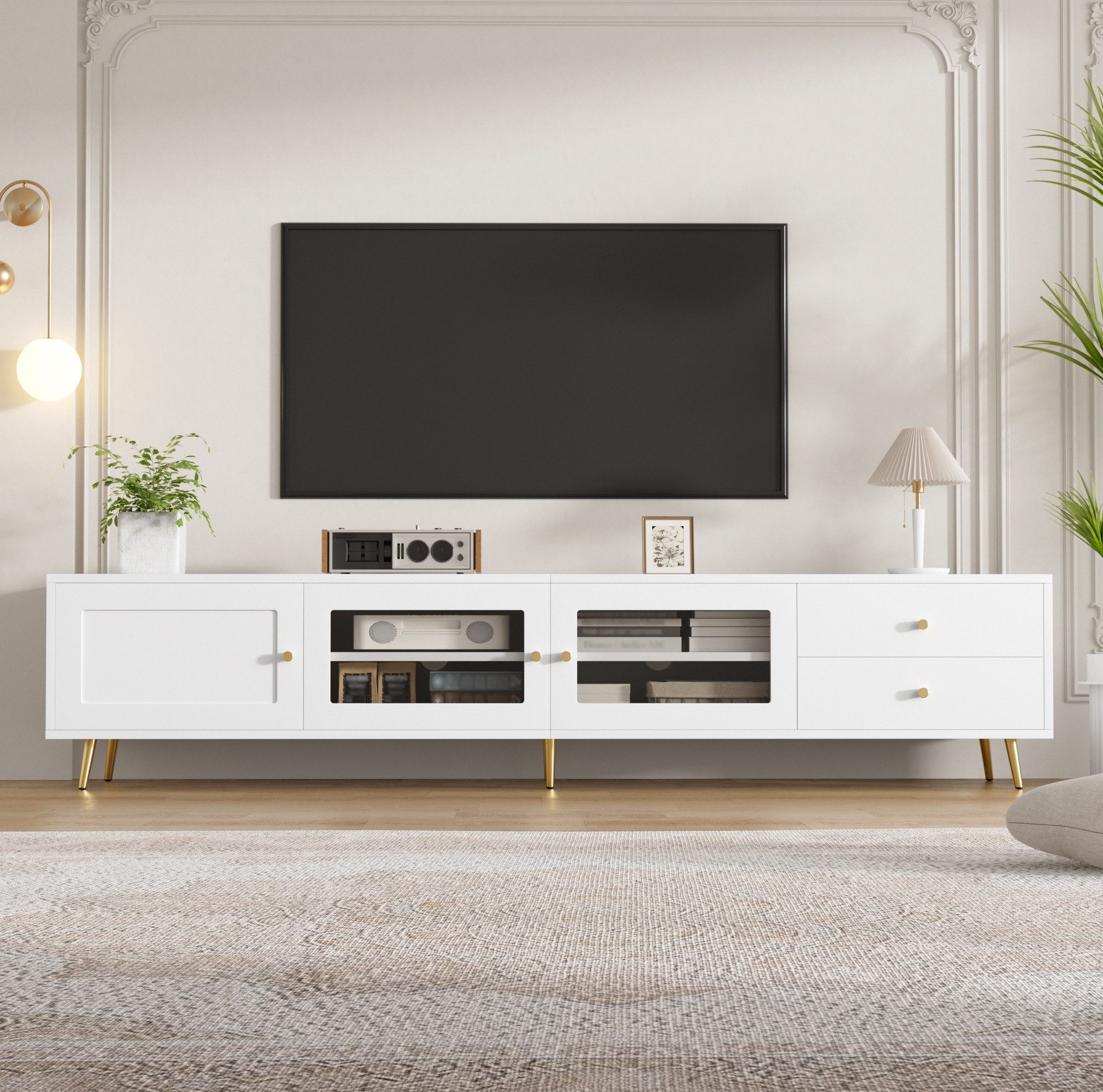 MODFU TV-Schrank Wohnzimmer TV-Lowboard mit Stauraum, TV-Schrank mit Schubladen (170×40×28 cm, Glastüren und Metallgriffen, modernes Design mit verstellbaren Ablagen, Fernsehschrank, Fernsehtisch)