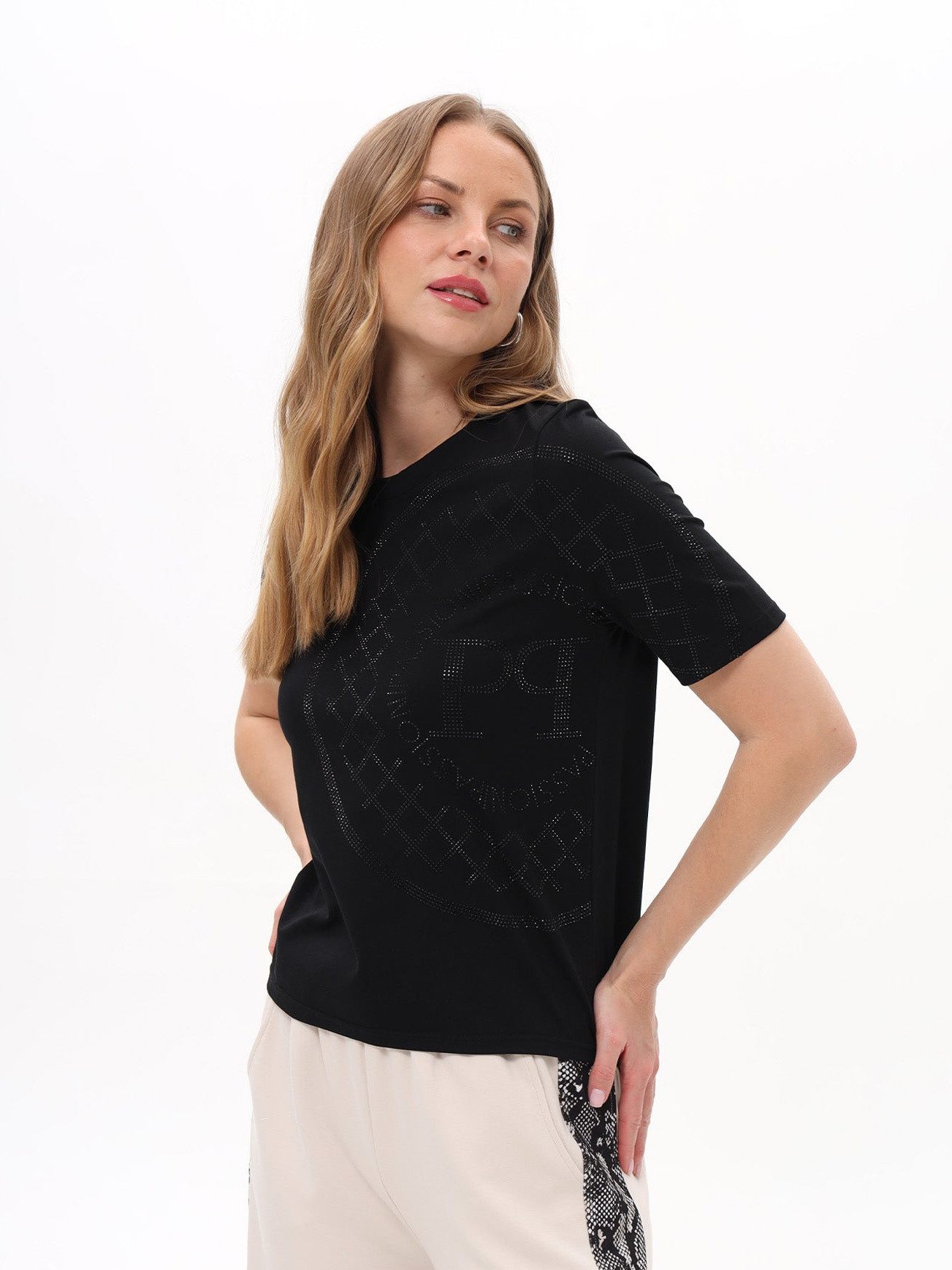 Passioni T-Shirt in Schwarz mit Strassapplikation Schwarzes Sommer T-Shirt mit schönen Glitzersteinen