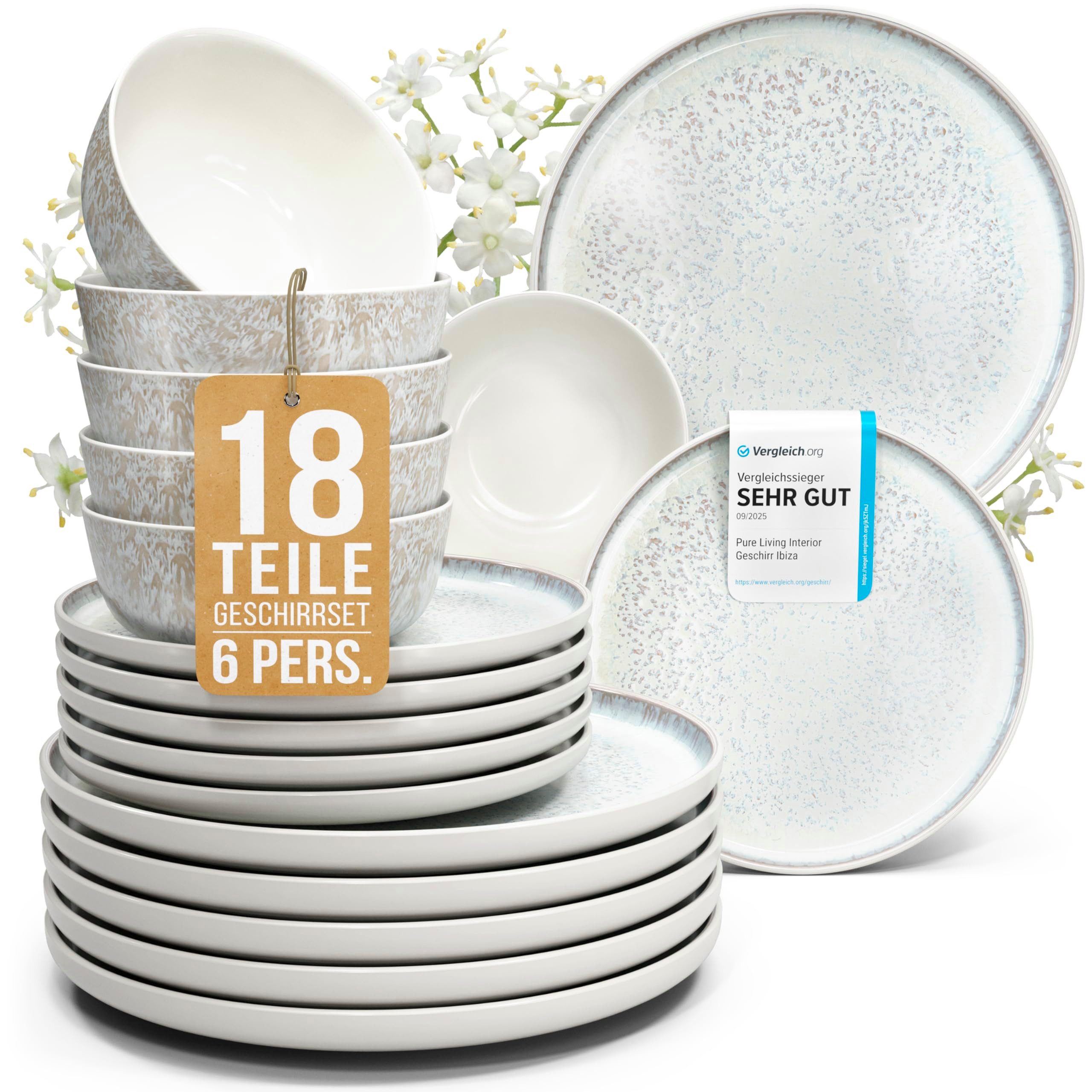 PURE LIVING INTERIOR DESIGN Steingut Geschirrset 6 Personen Ibiza 18 tlg. TESTSIEGER, Traumhaftes (18-tlg), 6 Personen, Steingut, Mediterrane Handwerksoptik, Reaktive Glasur – jedes Stück einzigartig…