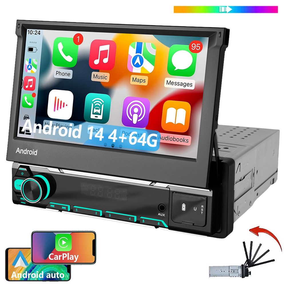 ESSGOO DAB 64G 1DIN 7'' Flip Out Android 14/15 Carplay Autoradio GPS WIFI FM Autoradio (Digitalradio (DAB), 4+64GB(optional), RDS, AM, FM, Carplay Android Auto Bluetooth EQ USB GPS Navi WIFI Touchscreen)