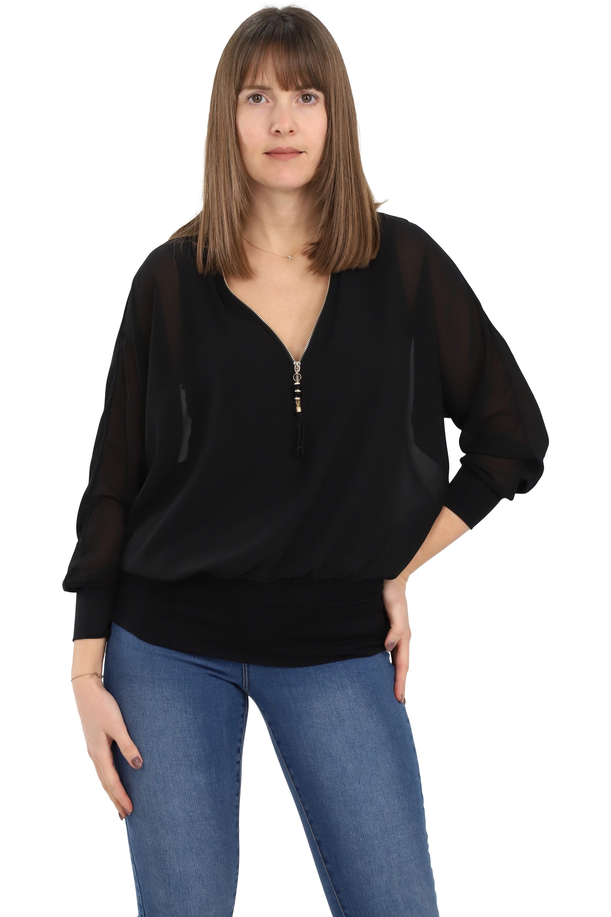 Chiffonbluse malito Damen Bluse im Fledermaus Look, Tunika mit Zipper, kurzarm