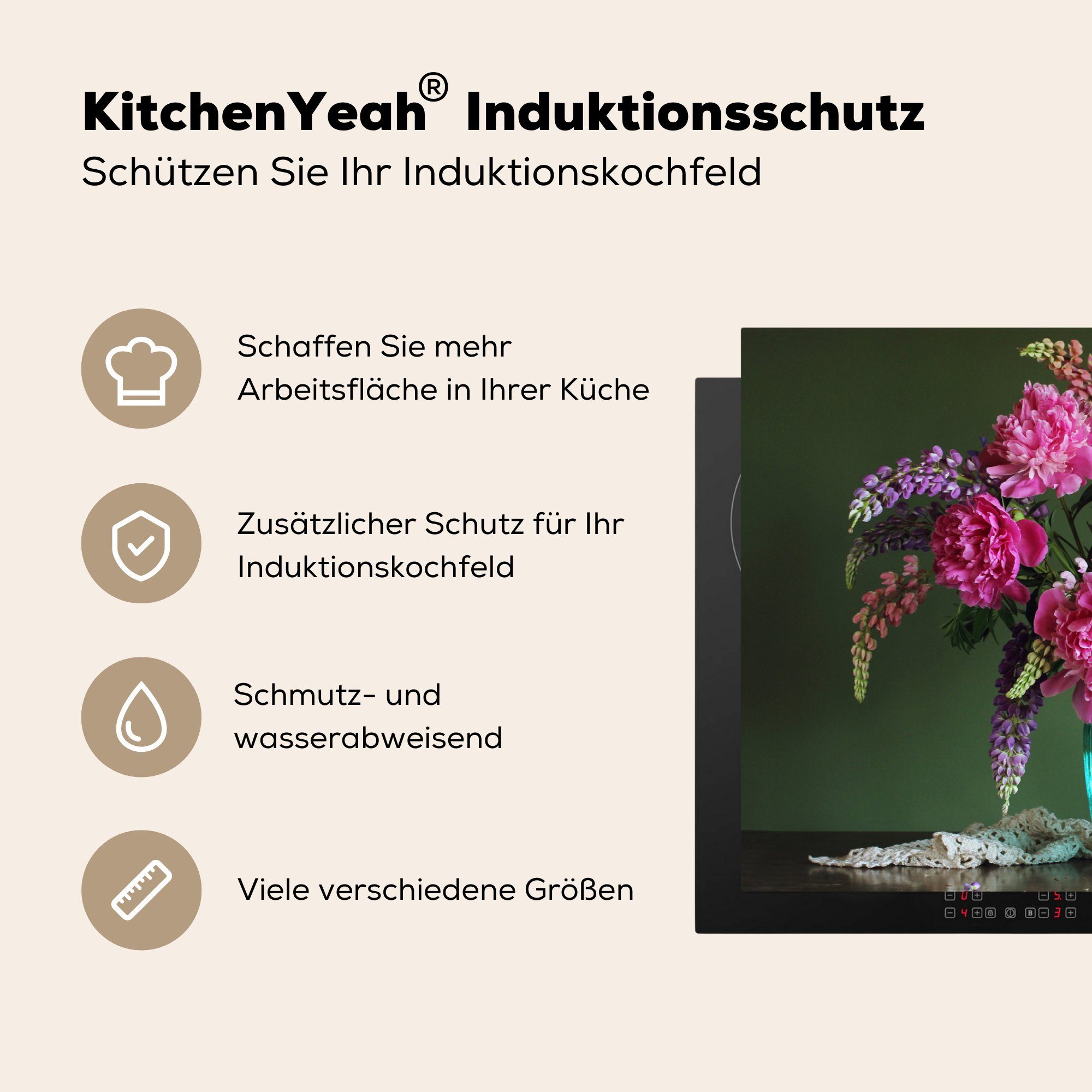 MuchoWow Herdblende-/Abdeckplatte Vinyl, 81x52 für cm, Ceranfeldabdeckung - küche, tlg), Induktionskochfeld die - (1 Stilleben, Farben Blumen Schutz