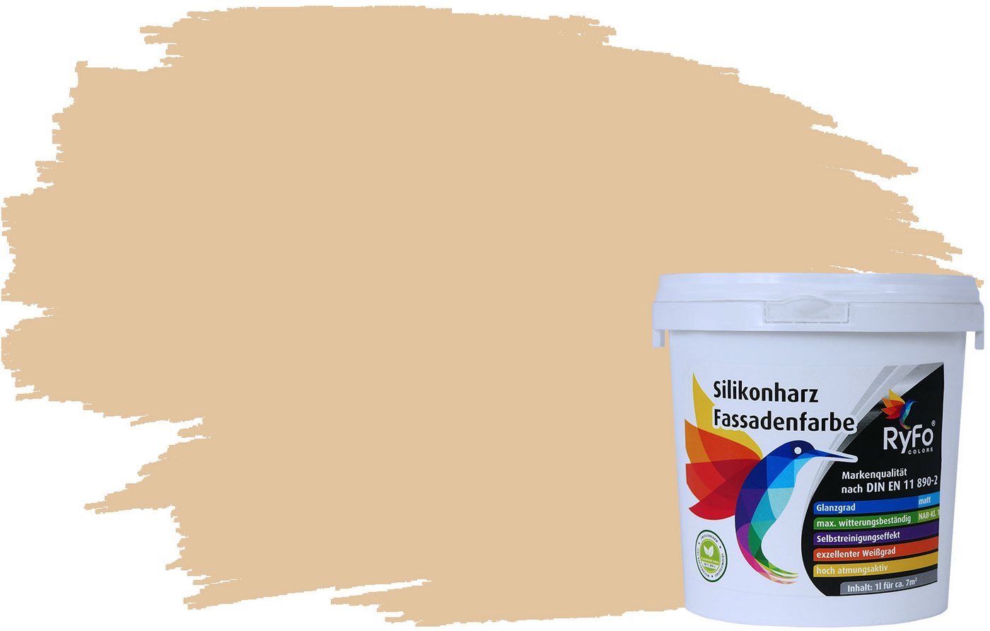 RyFo Colors Fassadenfarbe Silikonharz Fassadenfarbe Bahamabeige 1l, 1 L ca. 6 m², Wasserabweisend, diffusionsfähig, schützt vor Schmutz, UV-beständig