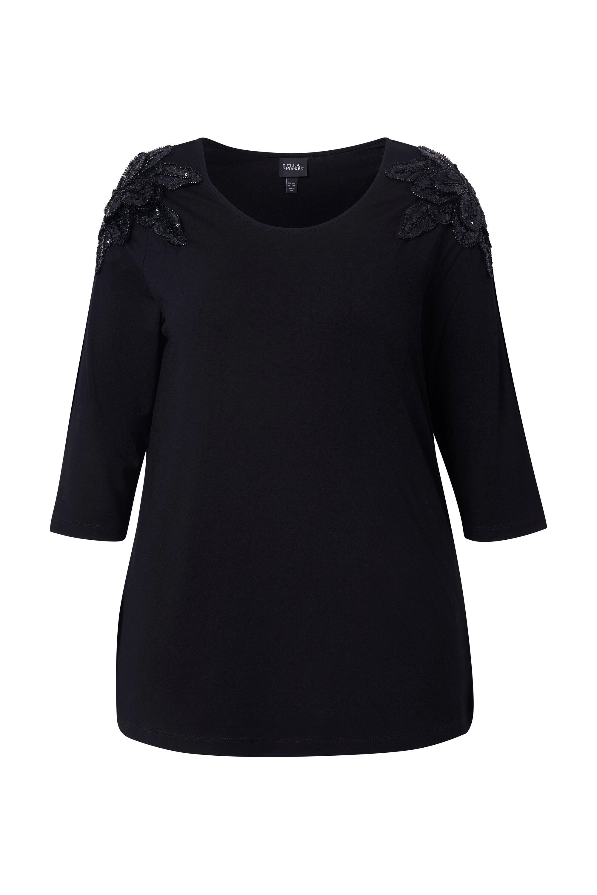 Ulla Popken Longsleeve Shirt Pailletten-Blüten A-Linie Rundhals 3/4-Arm günstig online kaufen