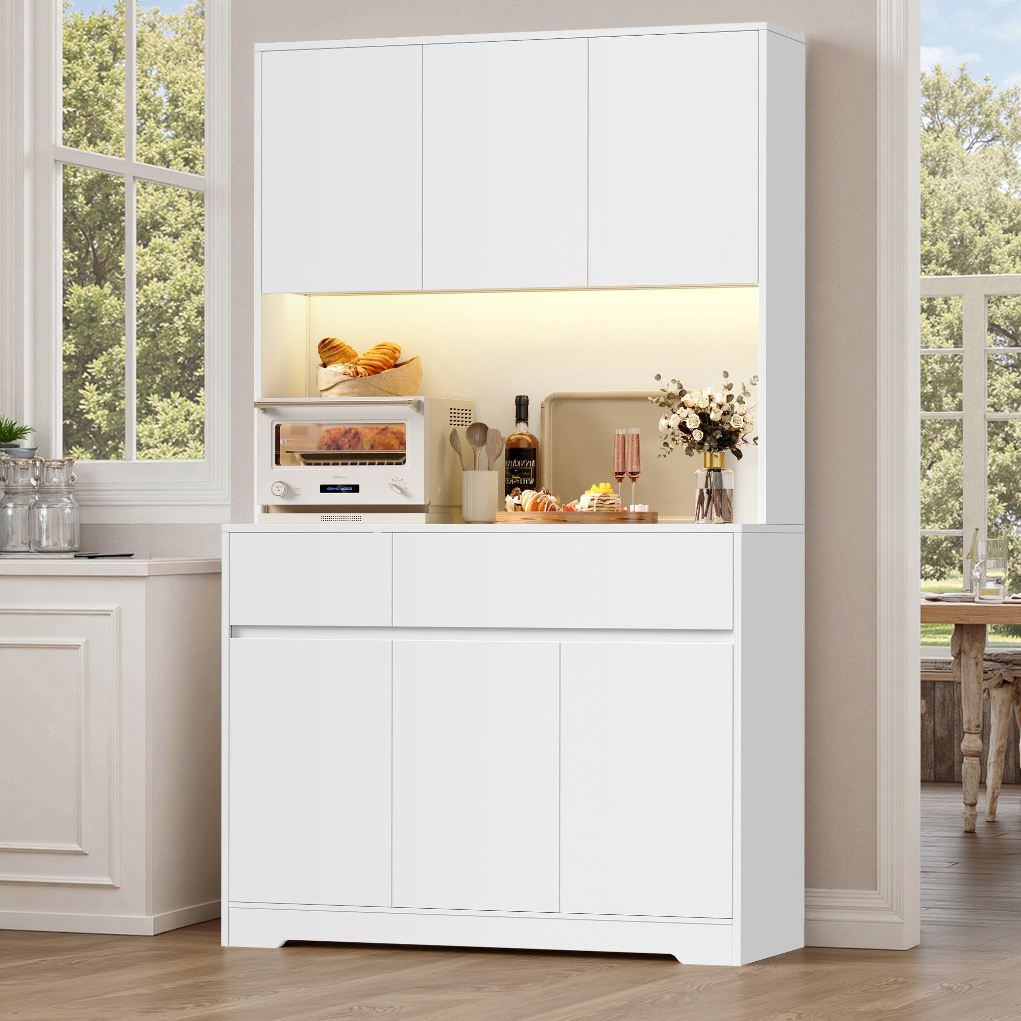 Homfa Küchenbuffet Küchenschrank mit LED Buffetschrank mit Steckdosen Hochschrank mit Arbeitsplatte, 6 Türen und Schubladen – Bild 4 von 5