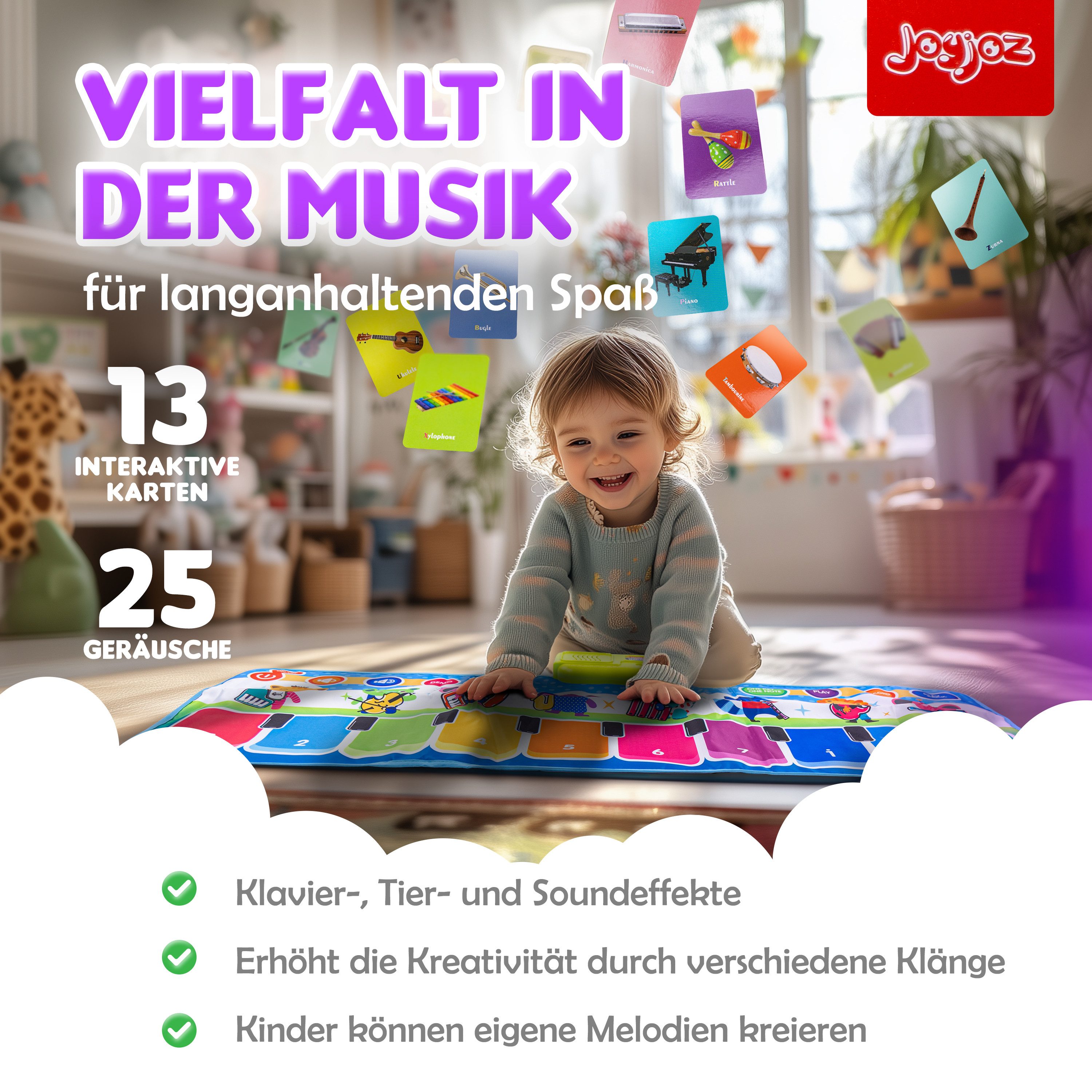 JoyJoz Spielmatte (Elektronische Klaviermatte, Tanzmatte für Kinder), mit 25 Geräuschen und 13 Karten – Spielspaß und Lernen in Einem – Bild 5 von 5