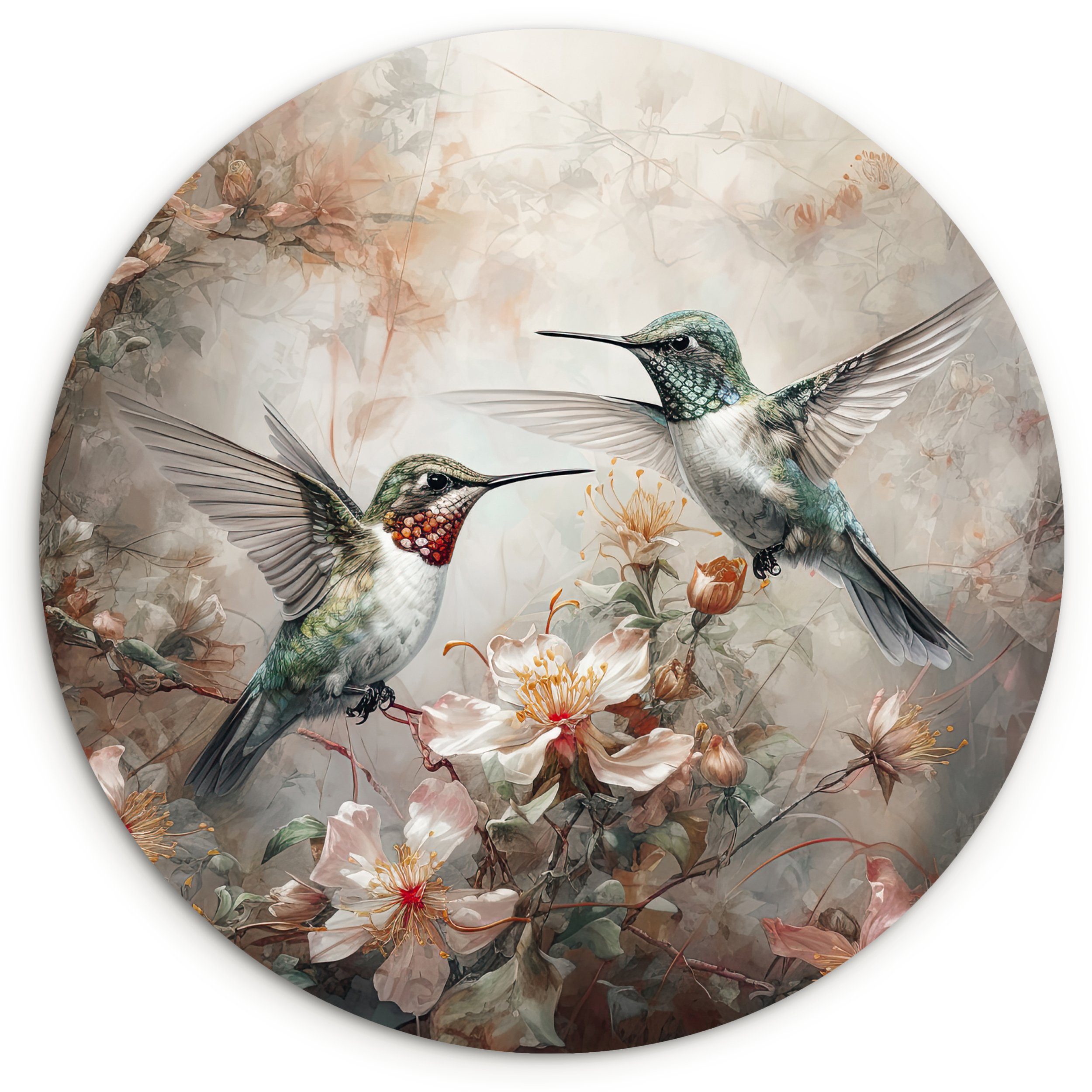 MuchoWow Gemälde Kolibri - Vögel - Blumen - Pflanzen, Fotodruck (1 St), Kreis Wanddekoration, Rundes Wandbild, 30x30 cm