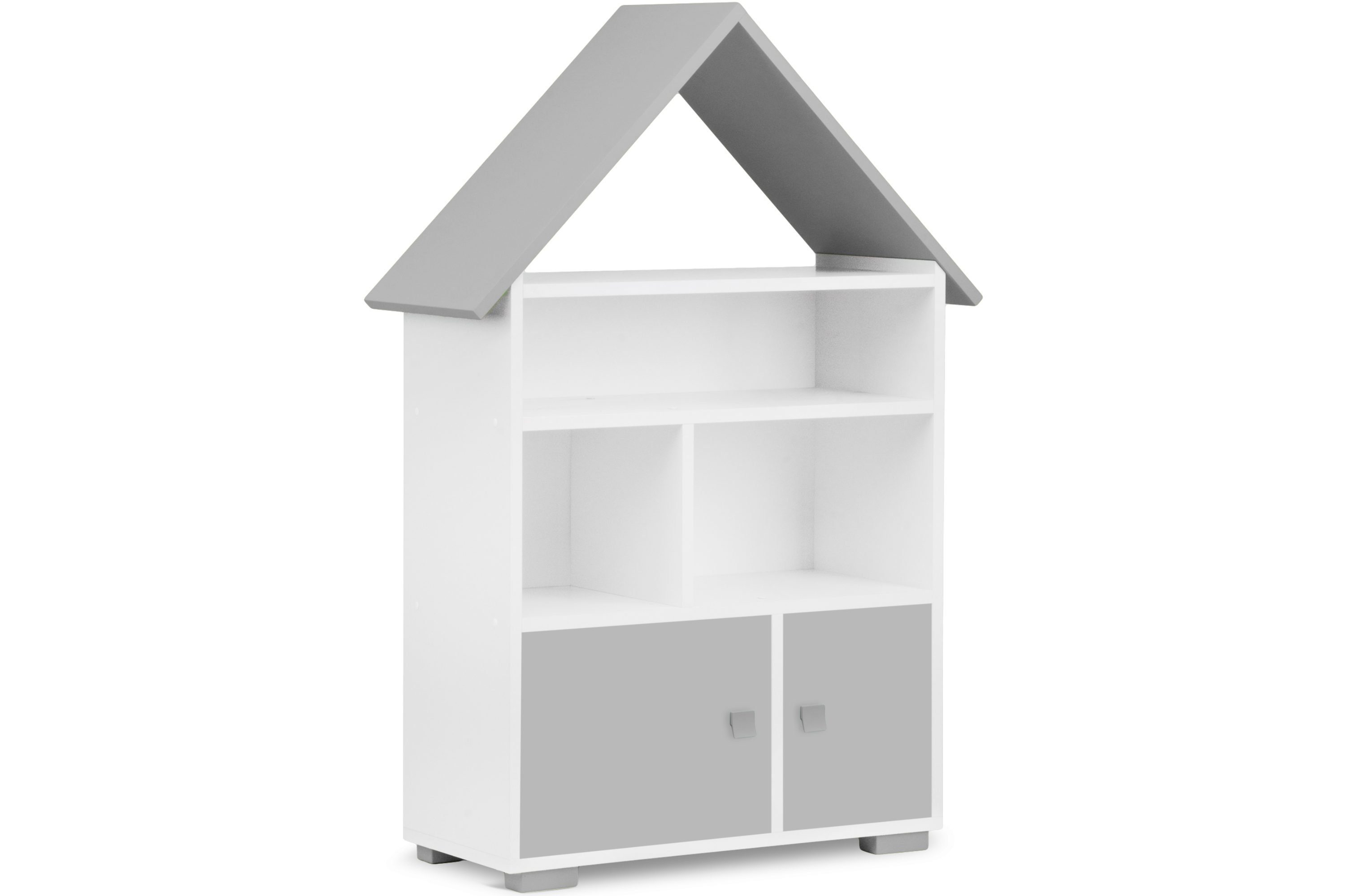 Konsimo Kinderregal Bücherregal mit Türen PABIS, Bücherregal mit Tür, Hausform, in Pastellfarben weiß/grau