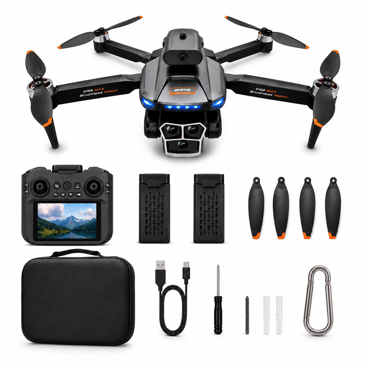 Goldstern-Tech RC-Quadrocopter (Full-HD-Livebild Displaycontroller, bis 45 min Flugzeit), 8-GB-SD-Karte, Display-Controller, Headless-Modus und Auto-Return