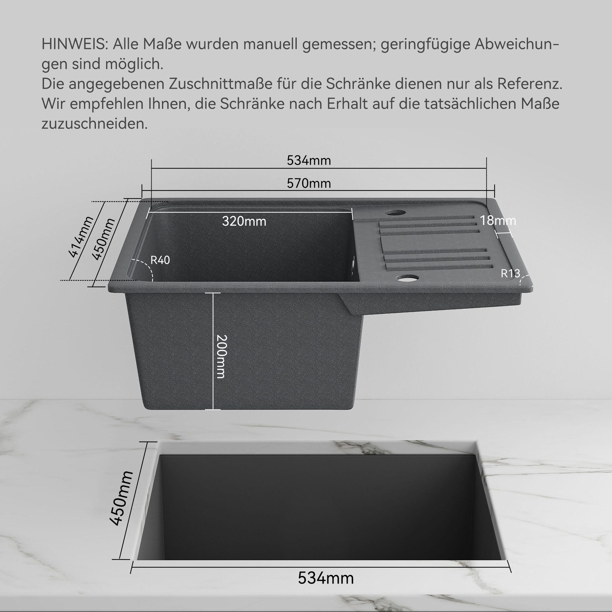 HOROW Granitspüle Küchenspüle Granit Siphon Einbauspüle Spülbecken, 57/45 cm, Vorgebohrt für eine Armatur Reversibel – Links oder Rechts montierbar, (Granit Sip – Bild 3 von 5