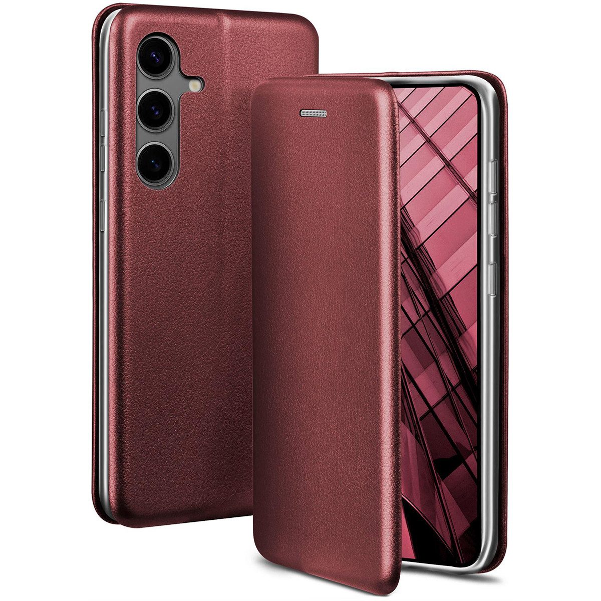 ONEFLOW Handyhülle für Samsung Galaxy S24 Premium Hülle Business Cover Rot 6,2 Zoll, 360 Grad Schutzhülle Flip Case Etui Klapphülle Dünn Leder Handy Tasche