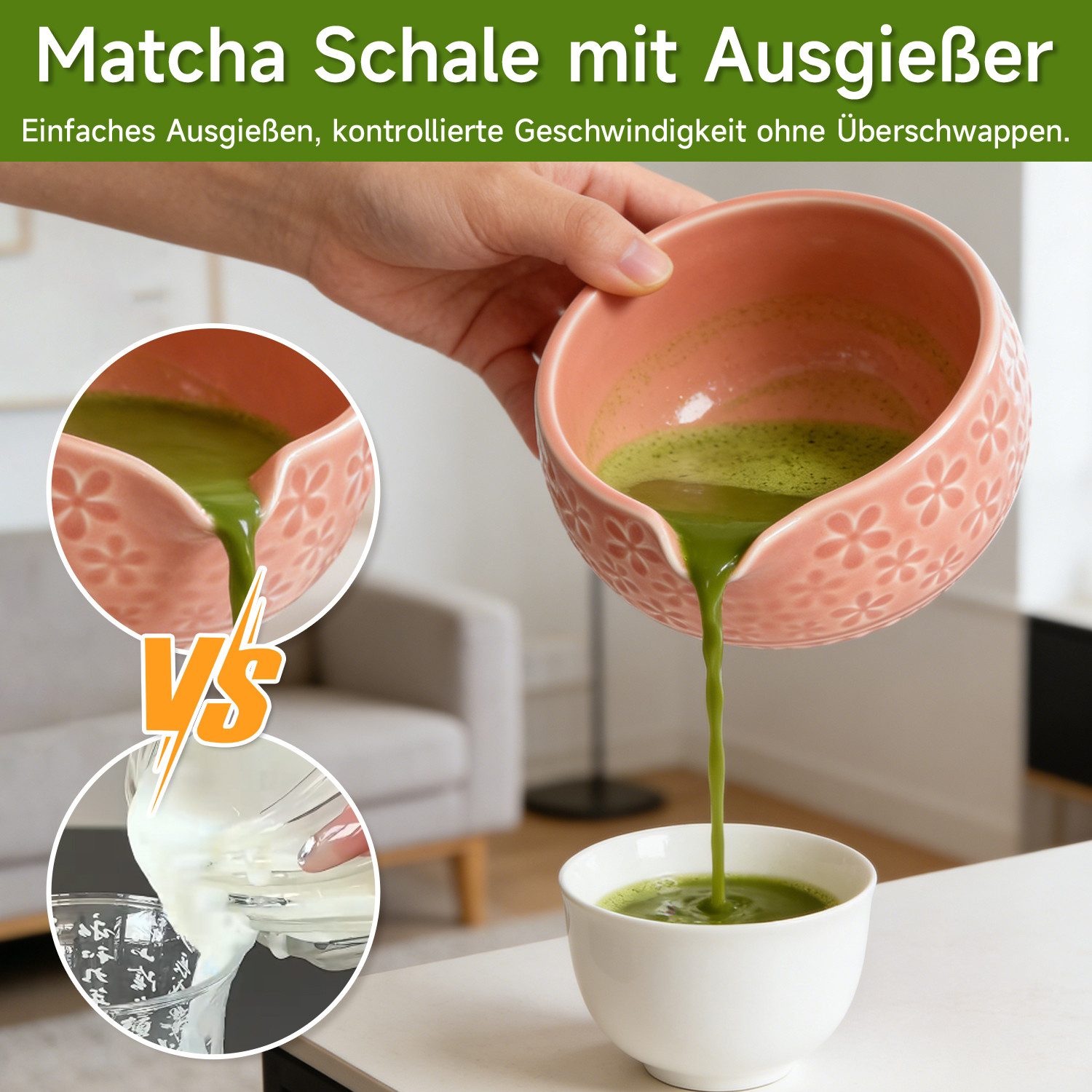 OSTWOLKE Teeservice Matcha Set 7-Teiliges Keramik, Bambusbesen, Schale & Zubehör, Matcha Tee Set für Matcha-Liebhaber