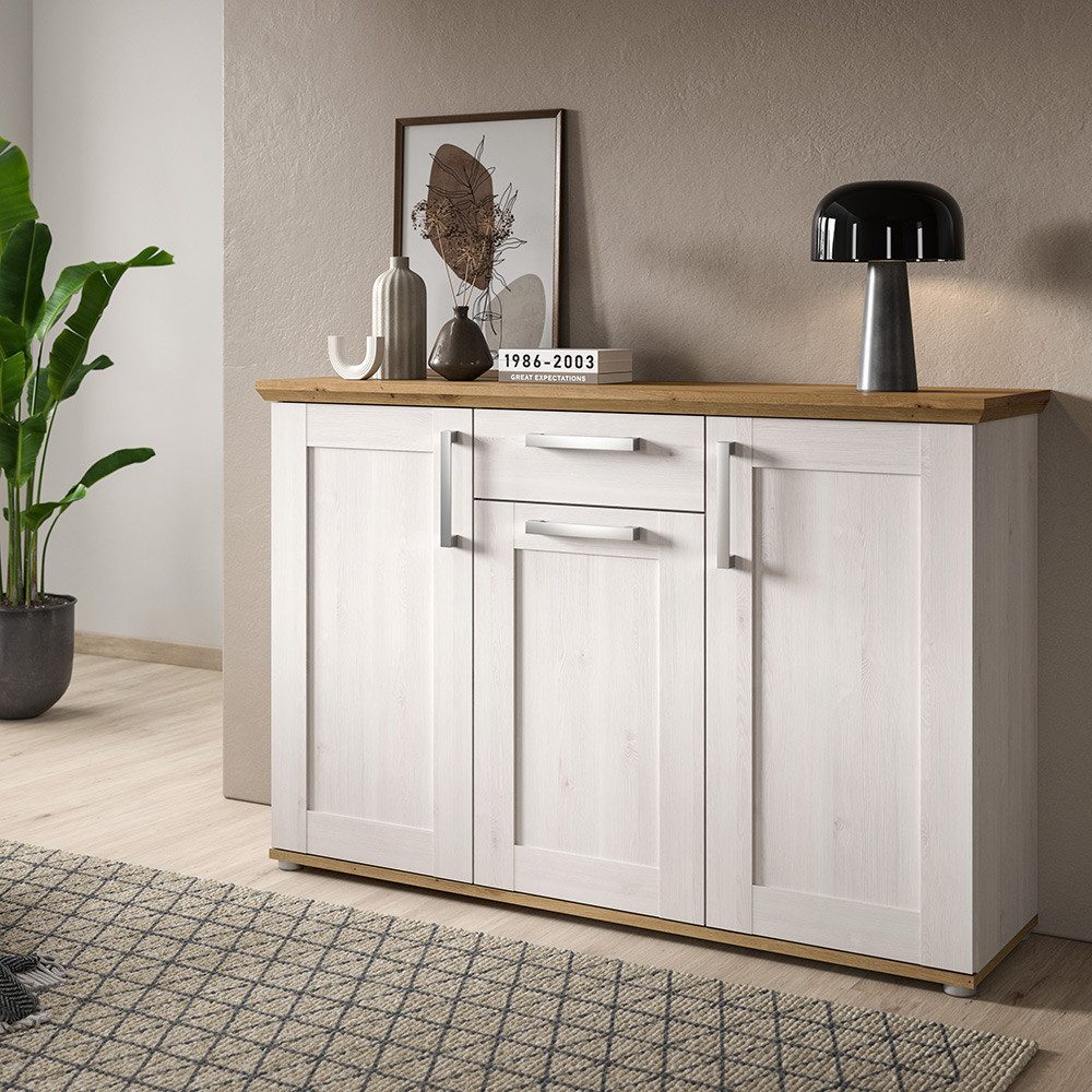 Lomadox Kommode VISOKO-158, 137 cm breit in Lärche & Eiche, Landhaus-Stil