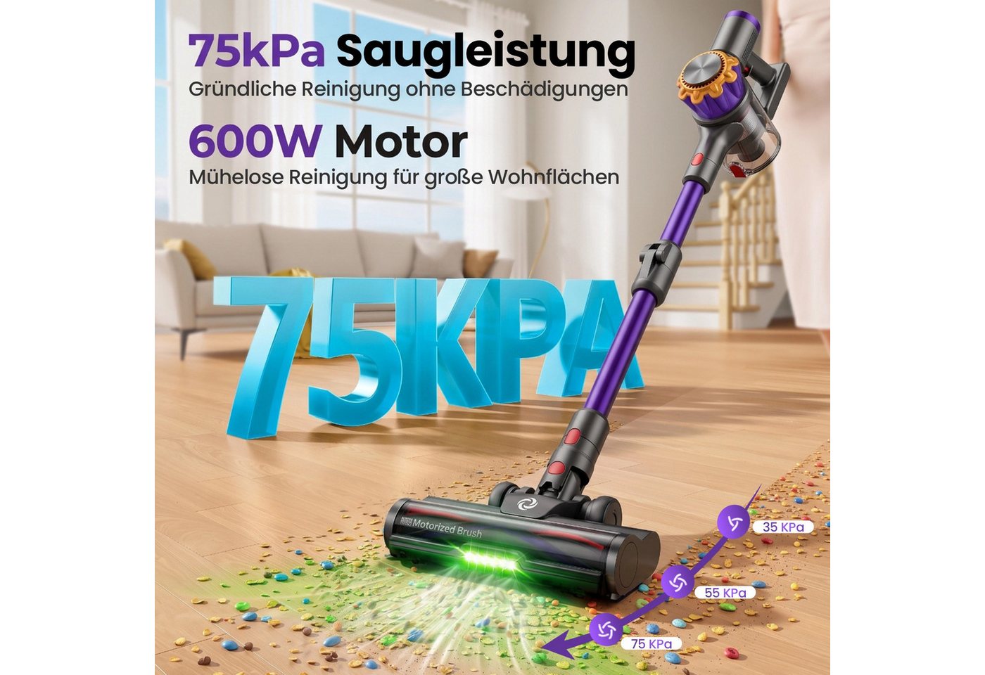 DyMona Akku-Hand-und Stielstaubsauger Akkustaubsauger 75000Pa/600W/70Min Staubsauger Kabellos Selbststehend, Elektrischer Staubsauger mit Flexibles Biegegelenk,1,2L Behalter, Anti-Tangle,Green LED,für Hartböden Teppiche Tierhaare Auto