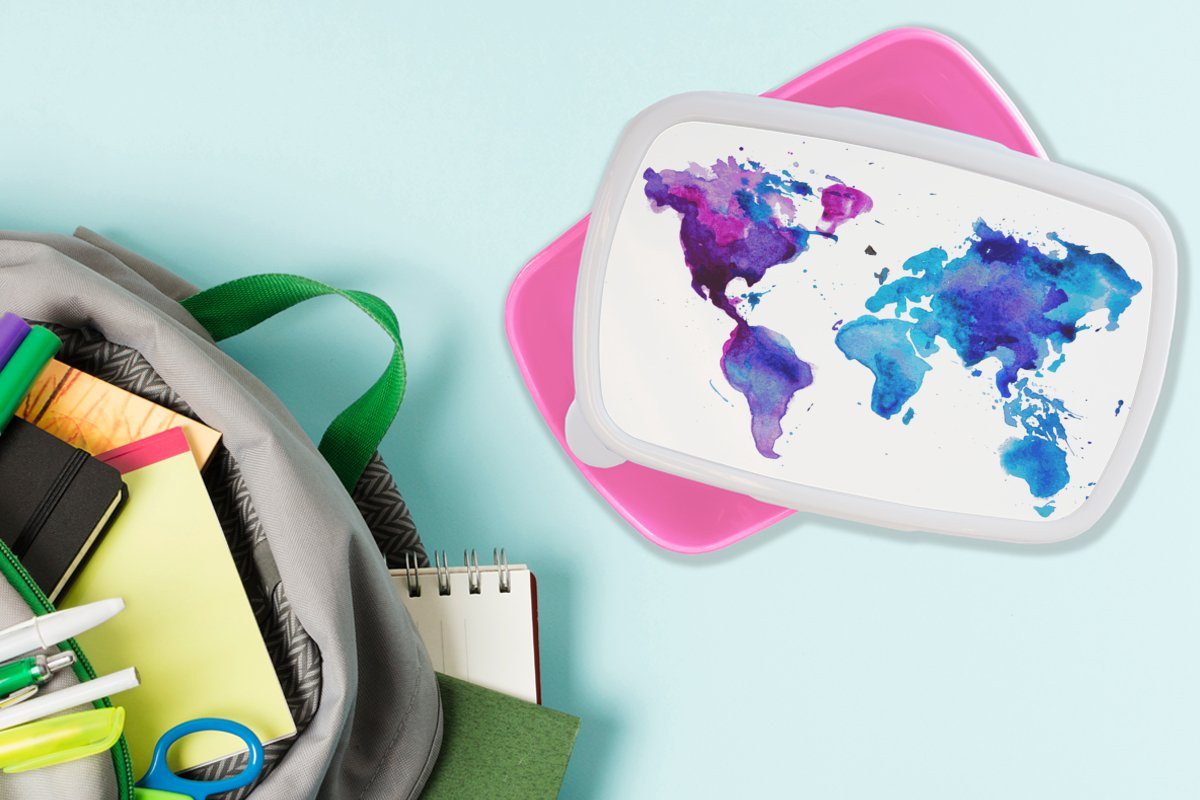MuchoWow Lunchbox Weltkarte - Aquarell Snackbox, - Kinder Kunststoff, Jungen Erwachsene, Lila für Mädchen, Brotbox - Brotdose Mädchen, - (2-tlg), Kinder, rosa - Kunststoff